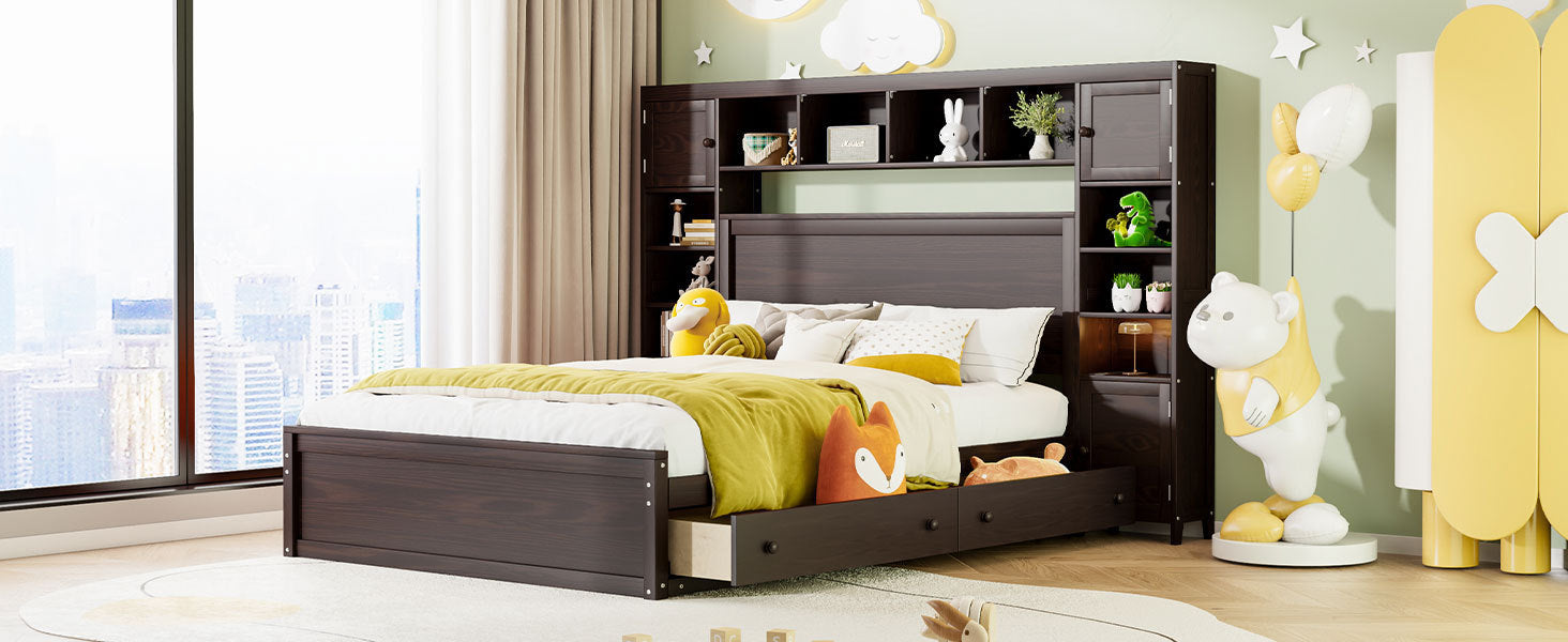 Queen Size Wooden Bed With All-in-One Cabinet, Shelf and Sockets, Espresso - Atlantic Fine Furniture Melbourne FL
