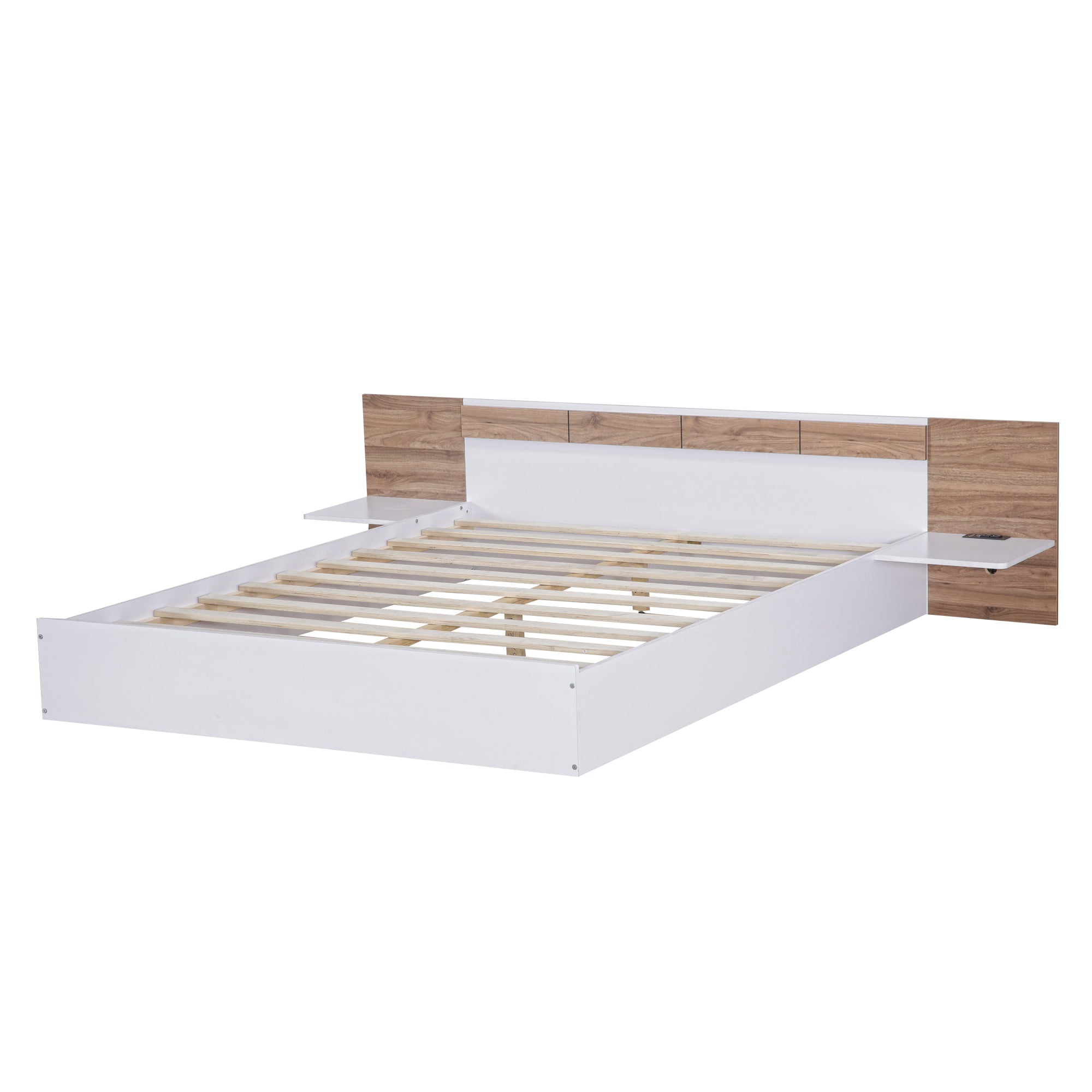 Queen Size Platform Bed with Headboard, Shelves, USB Ports and Sockets, White - Atlantic Fine Furniture Melbourne FL