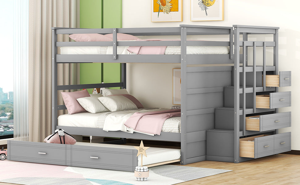 Full Over Full Bunk Bed with Twin Size Trundle and Staircase, Gray - Atlantic Fine Furniture Melbourne FL