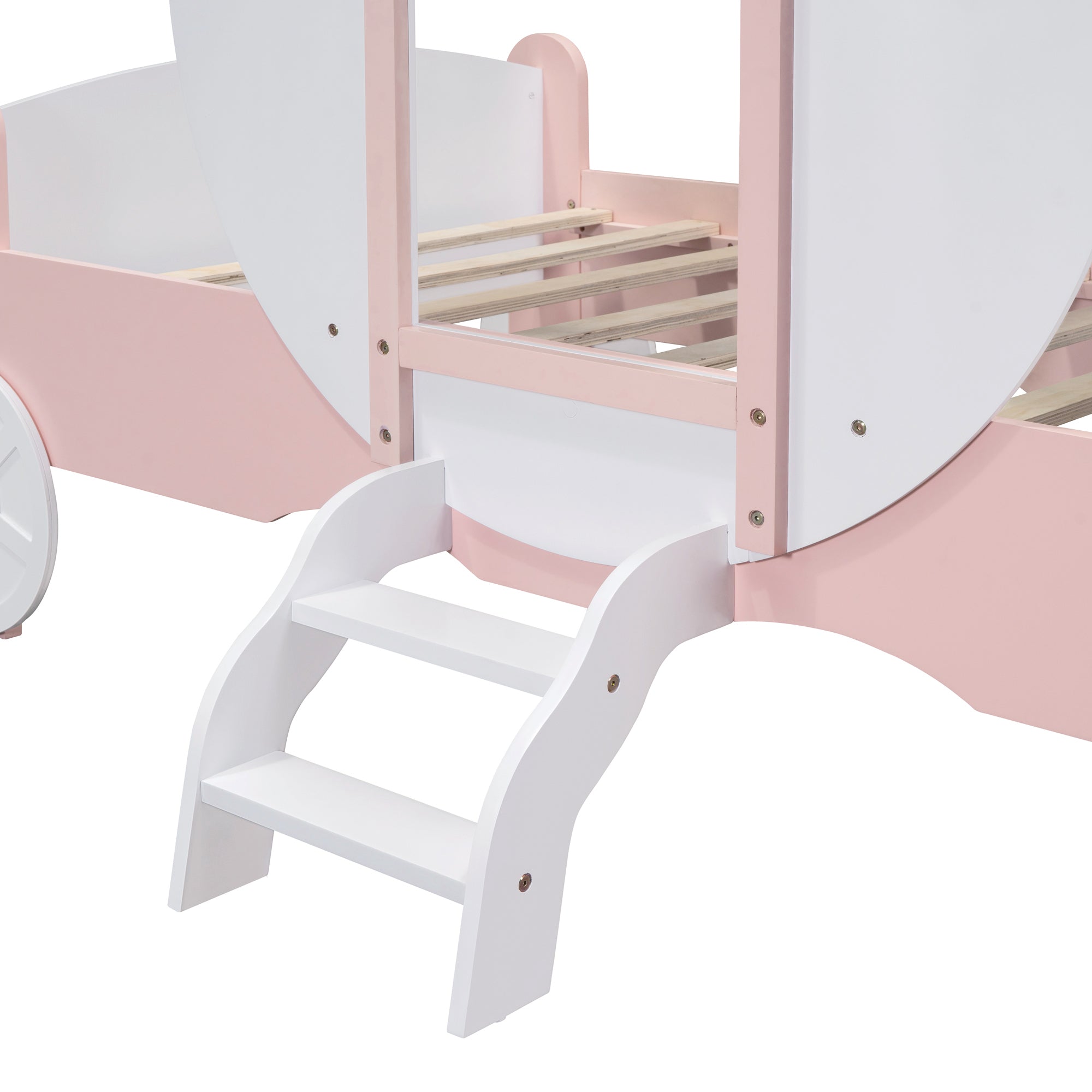 Twin size Princess Carriage Bed with Crown ,Wood Platform Car Bed with Stair,White+Pink - Atlantic Fine Furniture Melbourne FL