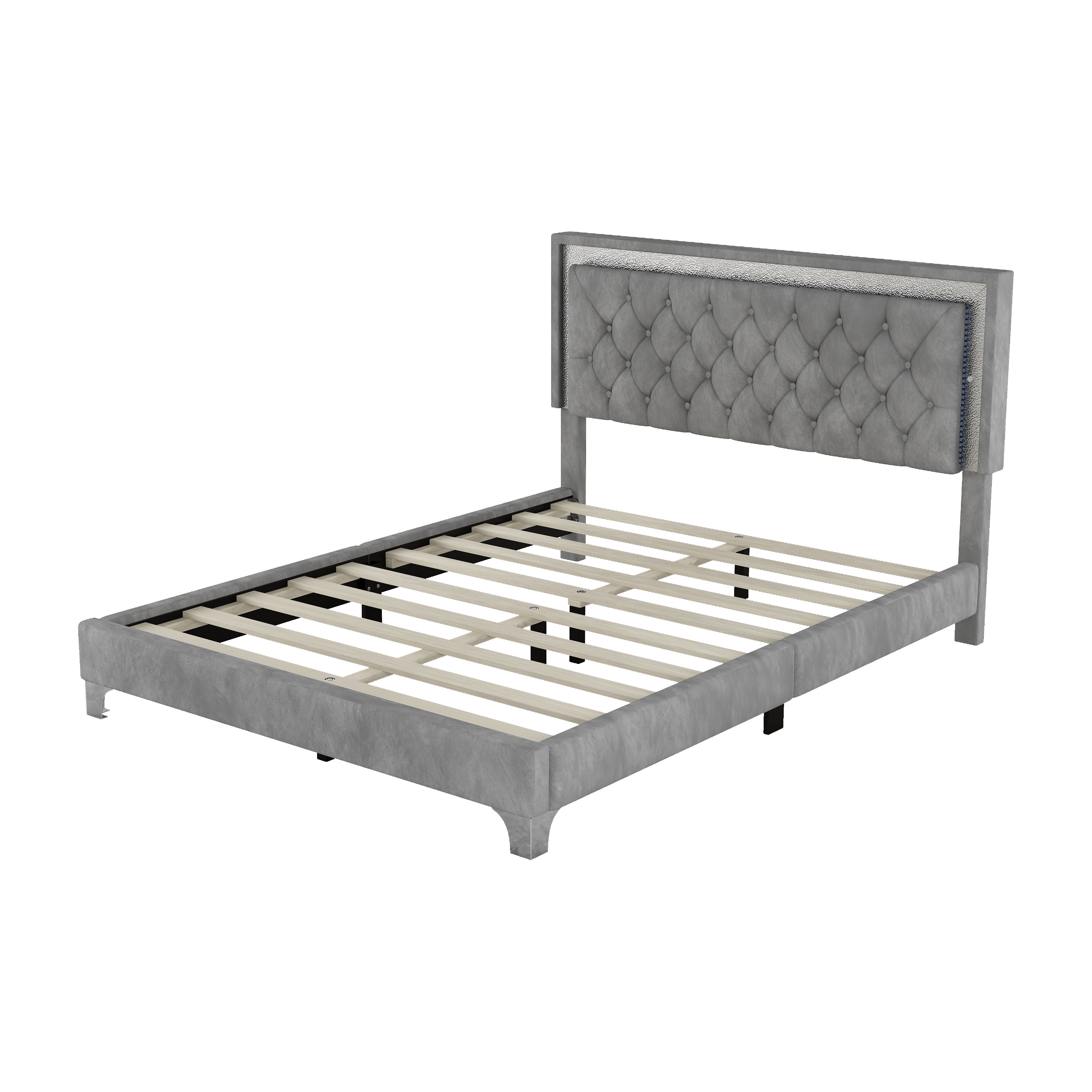 Queen Size Upholstered Bed Frame with LED Lights,Modern Velvet Platform Bed with Tufted Headboard,Gray - Atlantic Fine Furniture Melbourne FL