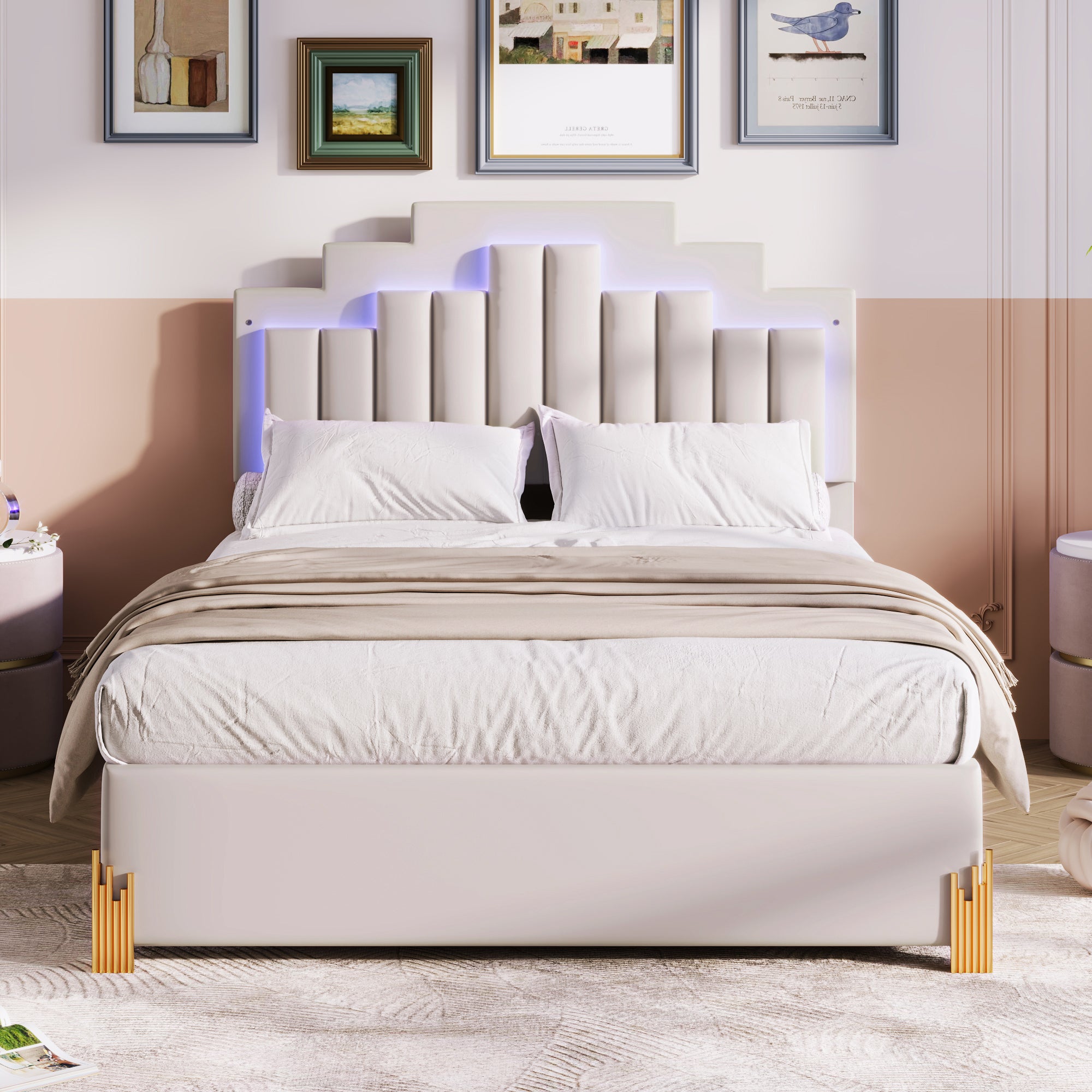 Full Size Upholstered Platform Bed with LED Lights and 4 Drawers, Stylish Irregular Metal Bed Legs Design, Beige - Atlantic Fine Furniture Melbourne FL