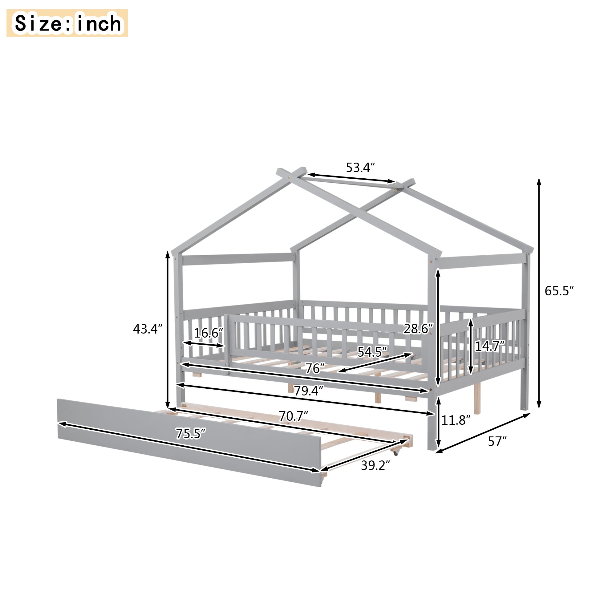 Full Size Wooden House Bed with Twin Size Trundle, Gray - Atlantic Fine Furniture Melbourne FL