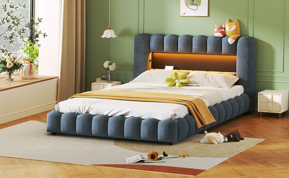 Queen Size Upholstered Platform Bed with LED Headboard and USB, Deep Blue - Atlantic Fine Furniture Melbourne FL