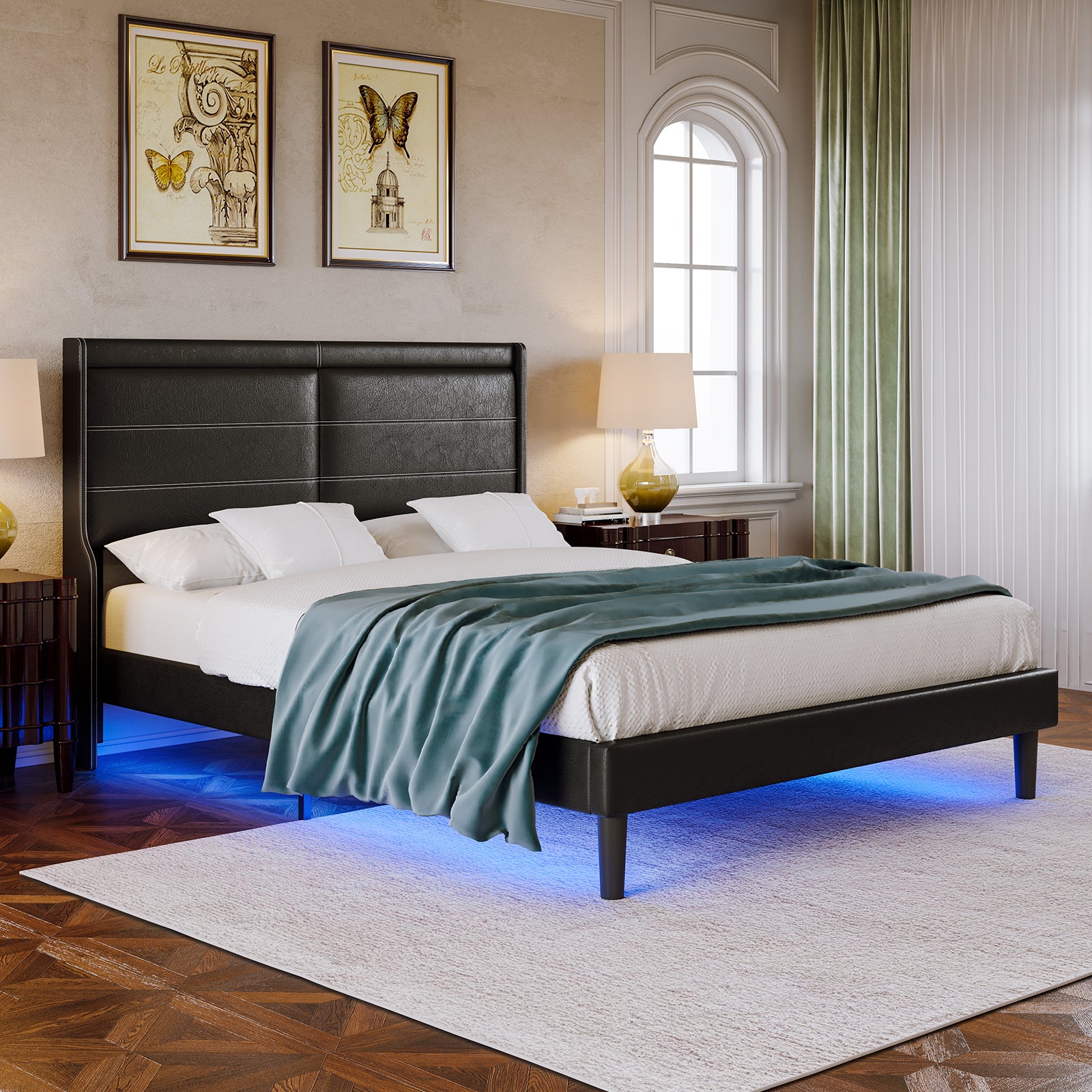 Stylish Queen Size PU Leather Upholstered Bed Frame Platform Bed with Lights Stitched Wing-backed Headboard Strong Wooden Slats Bed Canopy No Box Spring Needed Black - Atlantic Fine Furniture Melbourne FL