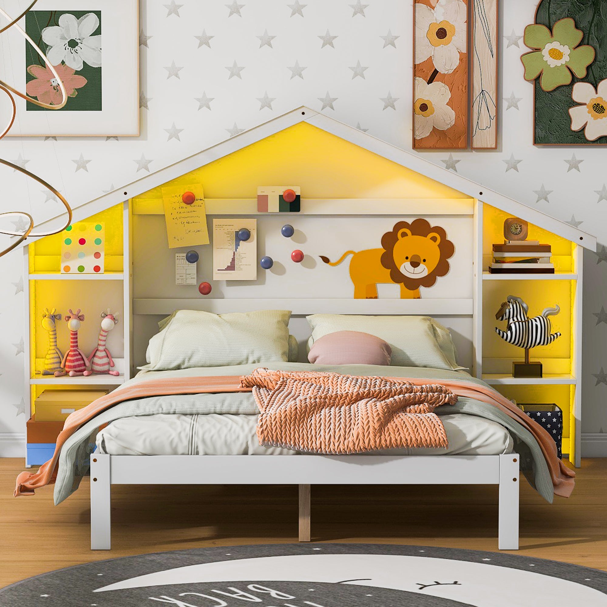 Wood Full Size Platform Bed with House-shaped Storage Headboard and Built-in LED, White - Atlantic Fine Furniture Melbourne FL