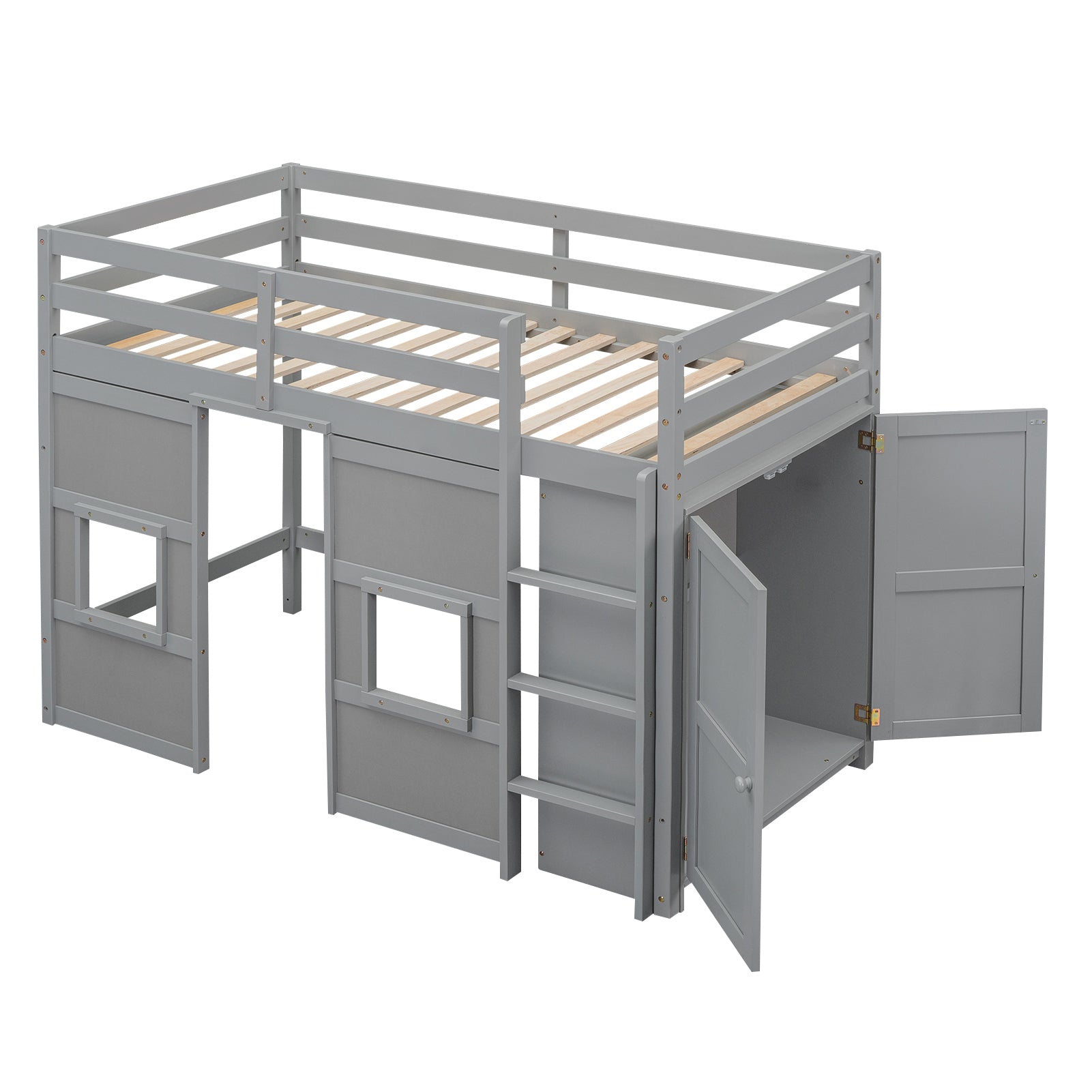 Wood Twin Size Loft Bed with Built-in Storage Wardrobe and 2 Windows, Gray - Atlantic Fine Furniture Melbourne FL