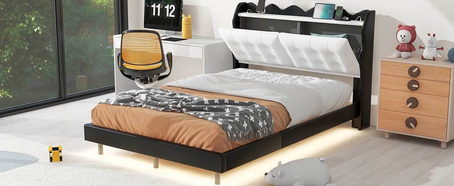 Full Size Upholstery Platform Bed Frame with LED Light Strips and Built-in Storage Space,Black - Atlantic Fine Furniture Melbourne FL