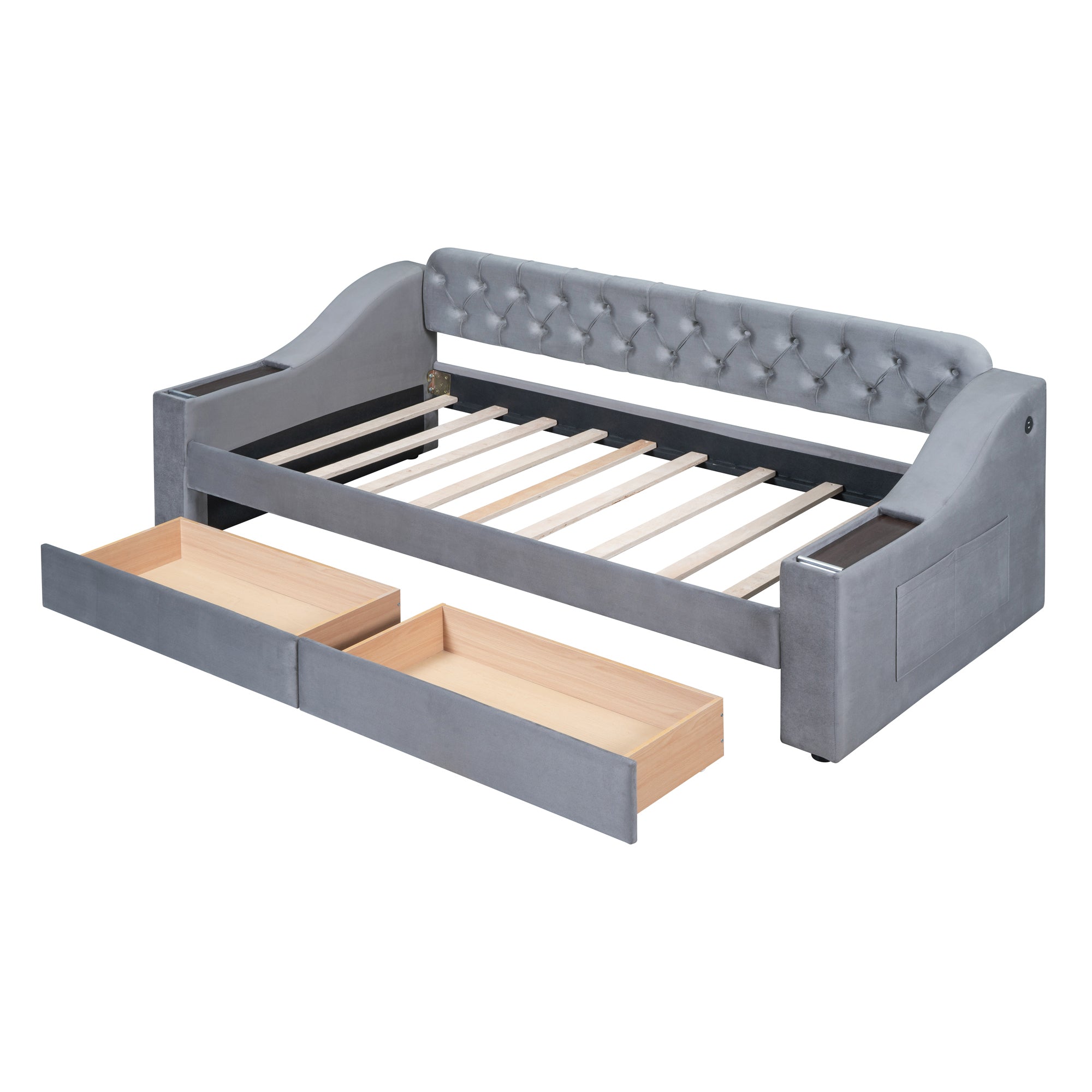 Twin Size Upholstered Daybed with Storage Armrests and USB Port, Gray