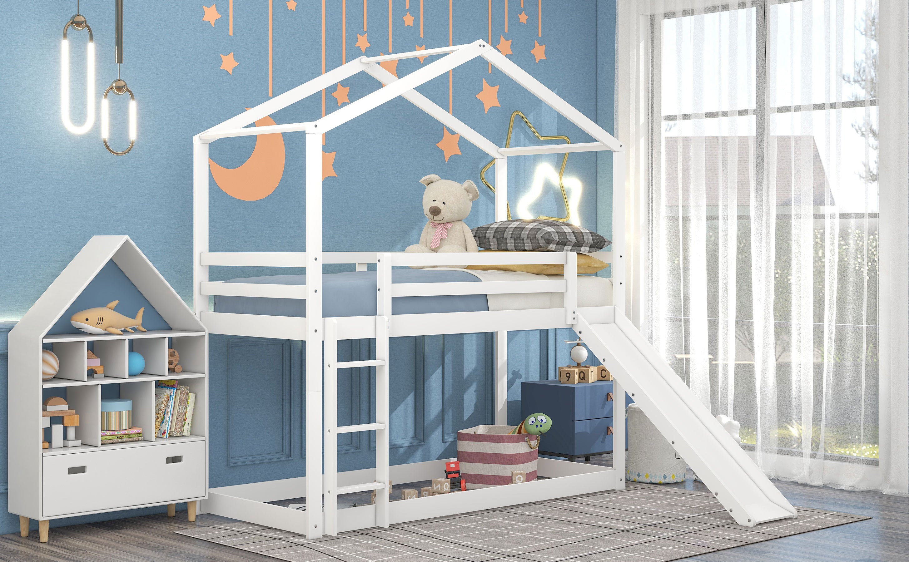 Twin Over Twin Bunk Bed with Roof, Slide and Ladder, White - Atlantic Fine Furniture Melbourne FL