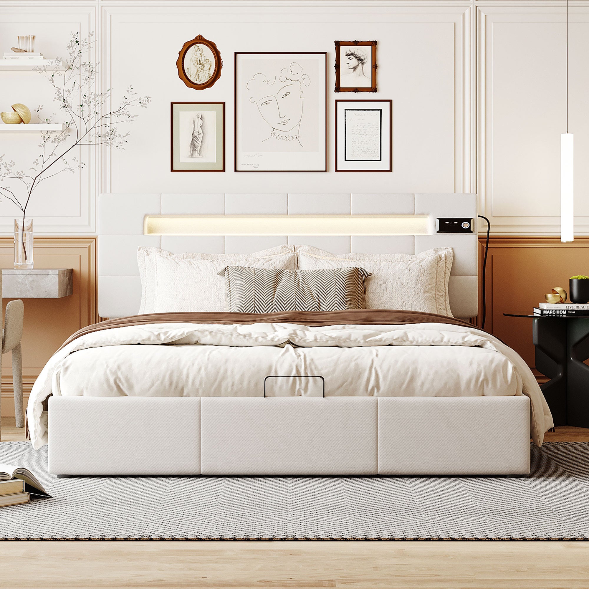 Queen Size Upholstered Bed with LED Light and Integrated Bluetooth Audio System, Modern Platform Bed with Hydraulic Storage System and USB Port, Velvet , Beige - Atlantic Fine Furniture Melbourne FL
