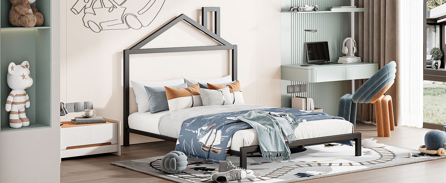 Full Size Metal Platform Bed with House-Shaped Headboard Design, Black - Atlantic Fine Furniture Melbourne FL
