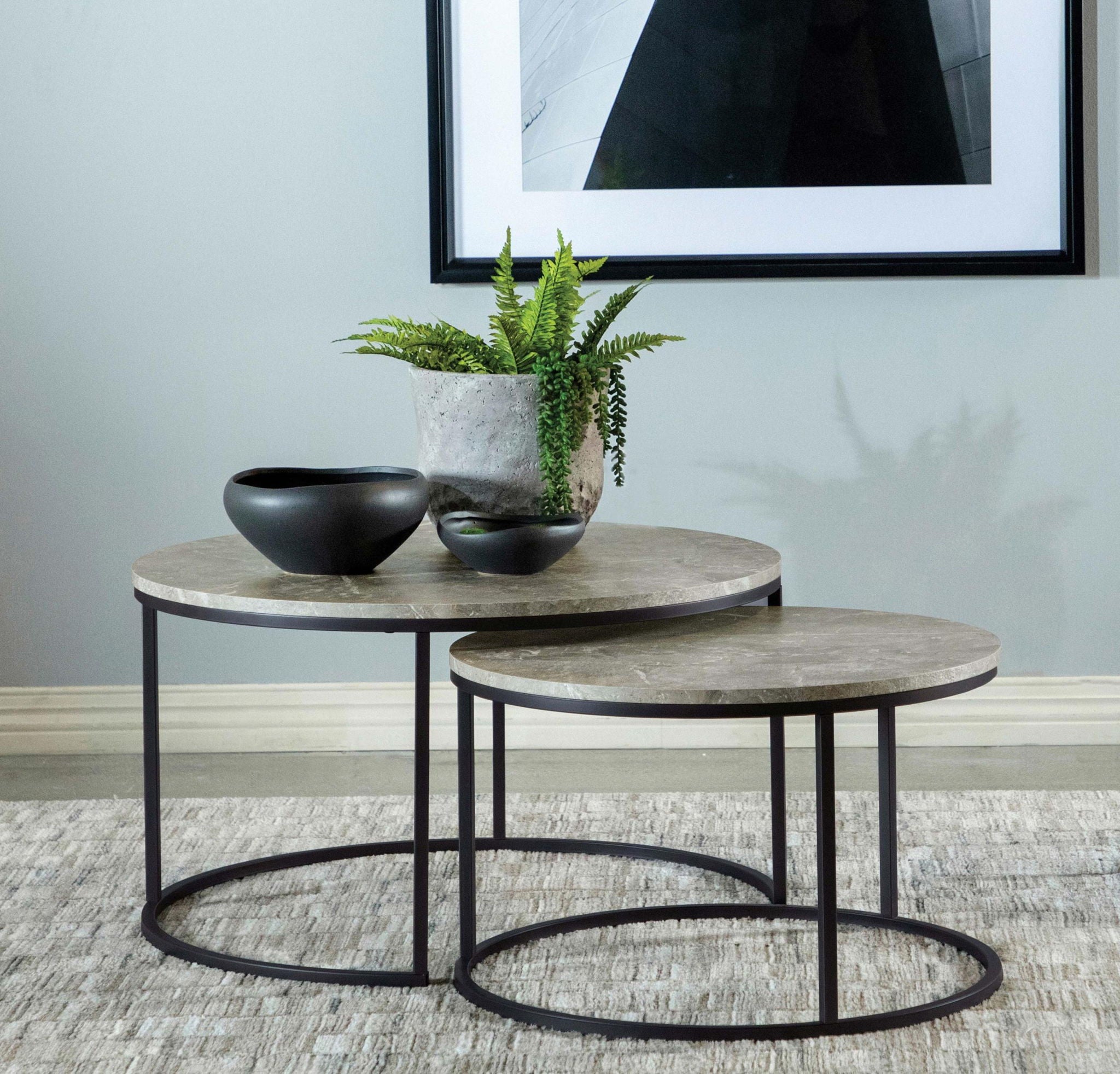 Lainey 2-piece Round Faux Marble Nesting Coffee Table Grey - Atlantic Fine Furniture Melbourne FL