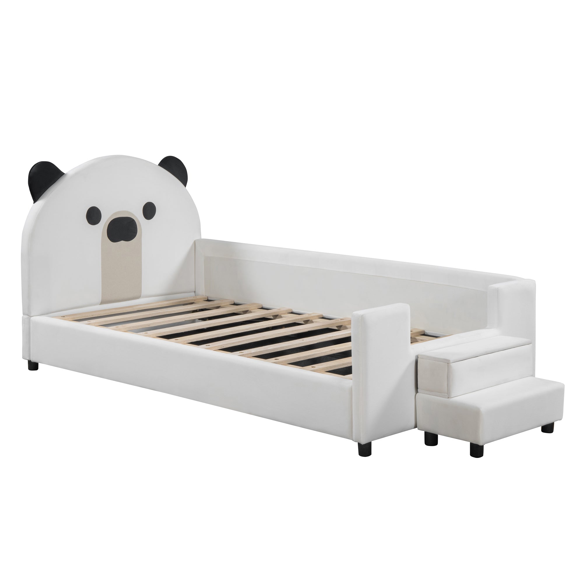 Twin Size Upholstered Daybed with Bear Shaped Headboard, Hydraulic System and Breathable Mesh Fence, White - Atlantic Fine Furniture Melbourne FL