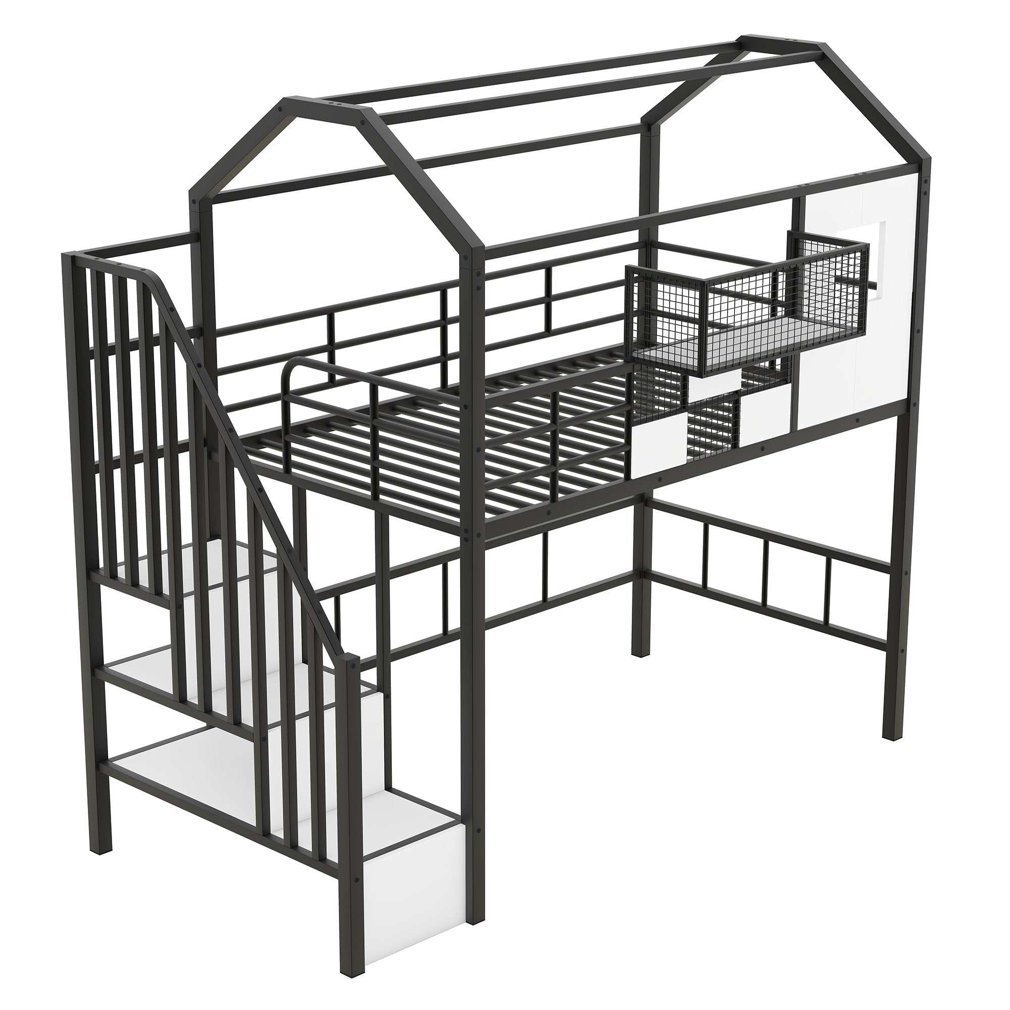 Metal Loft Bed with roof design and a storage box, Twin, Black - Atlantic Fine Furniture Melbourne FL