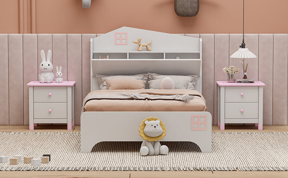 Wooden Twin Size House Bed with Storage Headboard ,Kids Bed with Storage Shelf, White - Atlantic Fine Furniture Melbourne FL