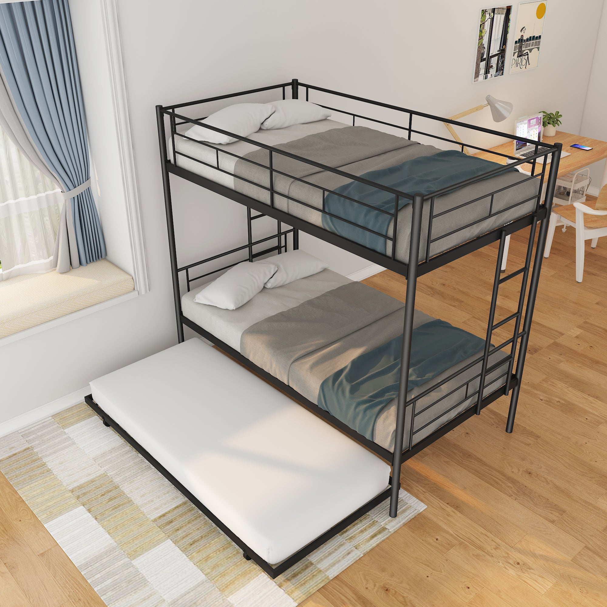 Twin Over Twin Metal Bunk Bed Frame with Trundle(Upgrade reinforcement version) - Atlantic Fine Furniture Melbourne FL