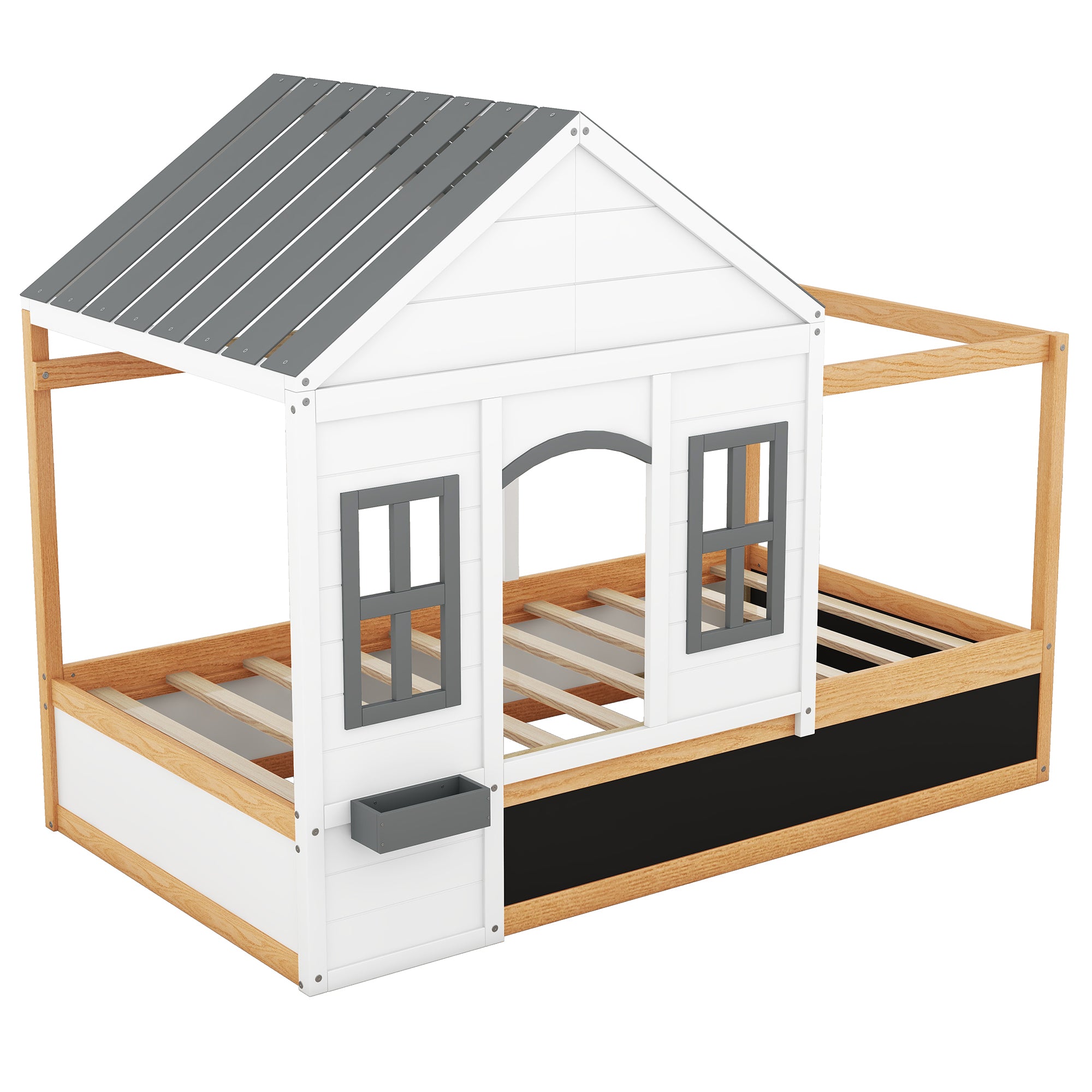 Twin Size House Shaped Canopy Bed with Black Roof and White Window,Blackboard and Little Shelf, White(Old SKU: WF294051AAK) - Atlantic Fine Furniture Melbourne FL
