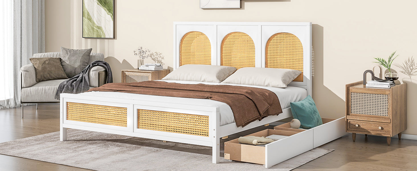Queen Size Wood Storage Platform Bed with 2 Drawers, Rattan Headboard and Footboard, White - Atlantic Fine Furniture Melbourne FL