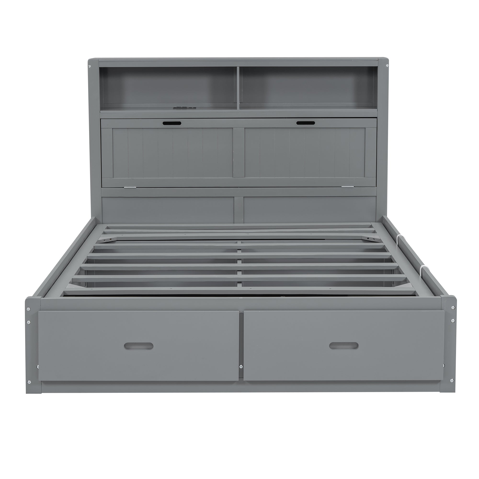 Wood Full Size Hydraulic Platform Bed with Storage LED Headboard, Charging Station and 2 Drawers, Gray - Atlantic Fine Furniture Melbourne FL