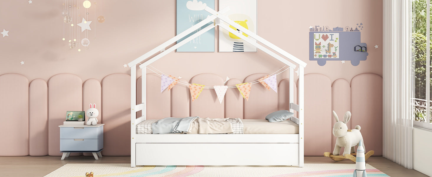 Twin Size House-shaped Bed with Trundle,White