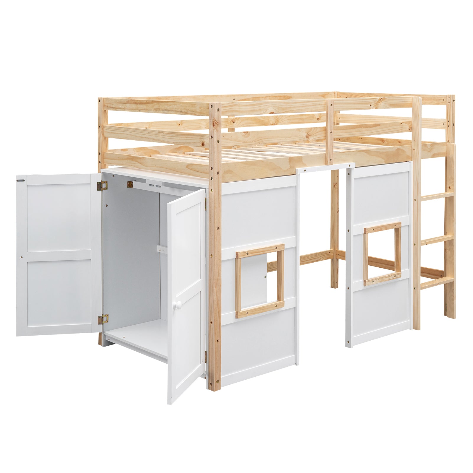 Wood Twin Size Loft Bed with Built-in Storage Wardrobe and 2 Windows, Natural/White - Atlantic Fine Furniture Melbourne FL