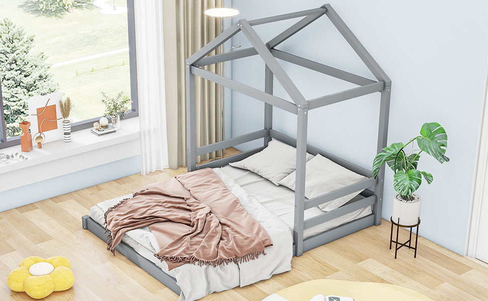 Wood Full Size House Bed with Guardrail, Grey - Atlantic Fine Furniture Melbourne FL