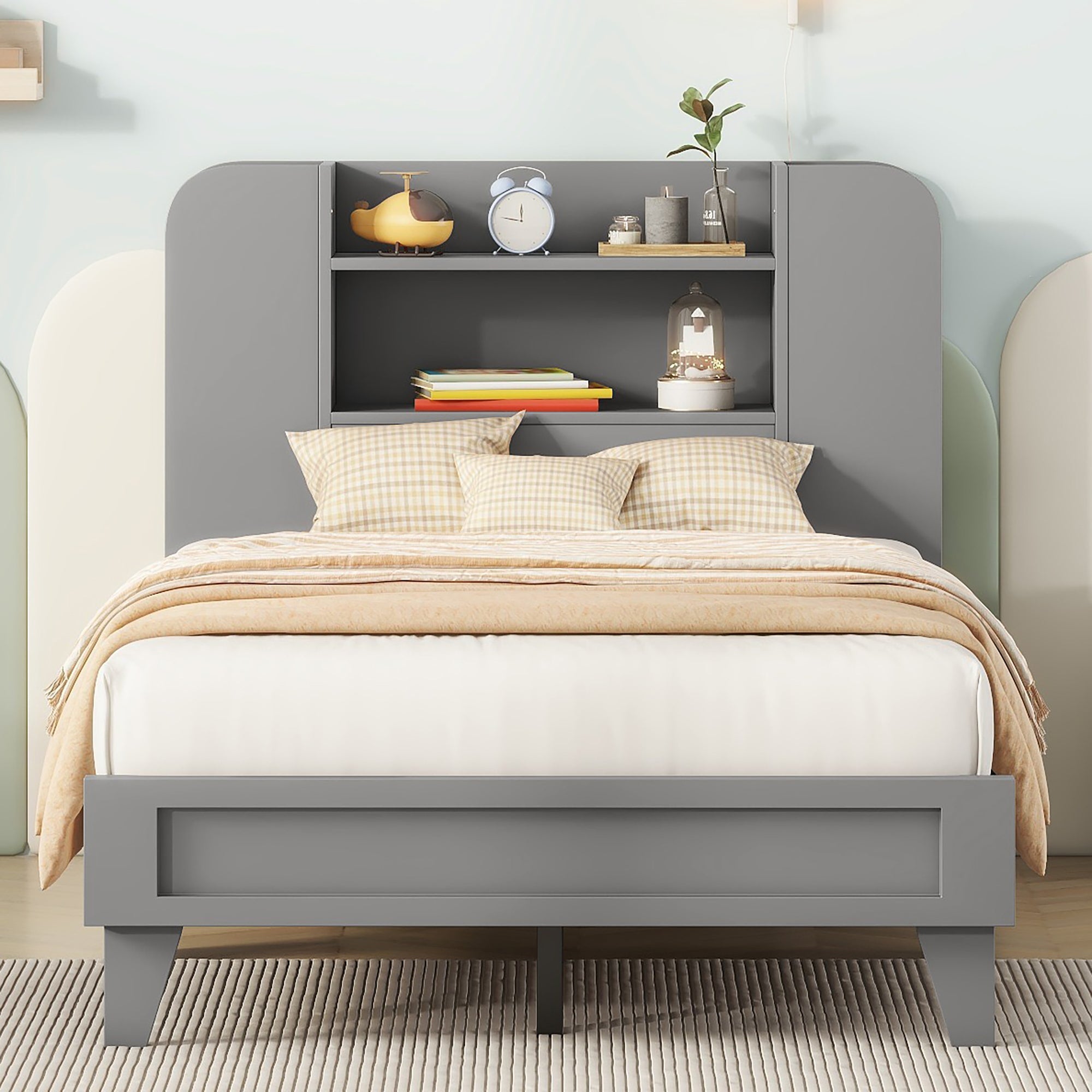 Twin Size Platform Bed with Storage Headboard,Multiple Storage Shelves on Both Sides,Grey - Atlantic Fine Furniture Melbourne FL