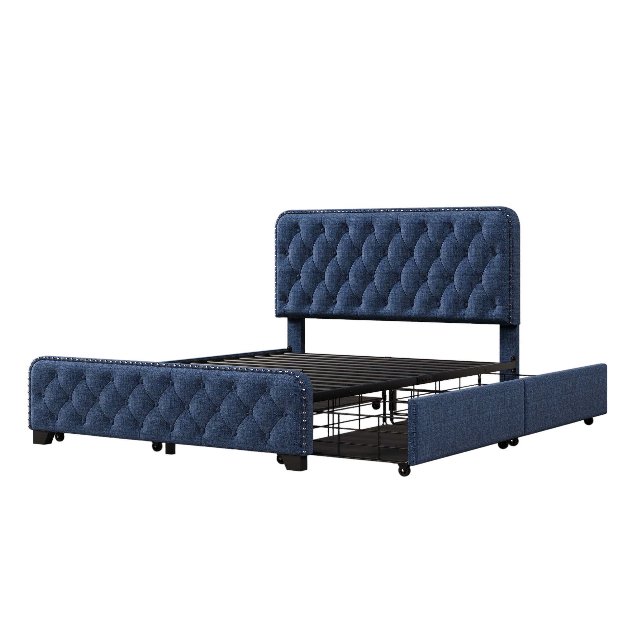 Upholstered Platform Bed Frame with Four Drawers, Button Tufted Headboard and Footboard Sturdy Metal Support, No Box Spring Required, Blue, Full (Old sku:BS300281AAC) - Atlantic Fine Furniture Melbourne FL