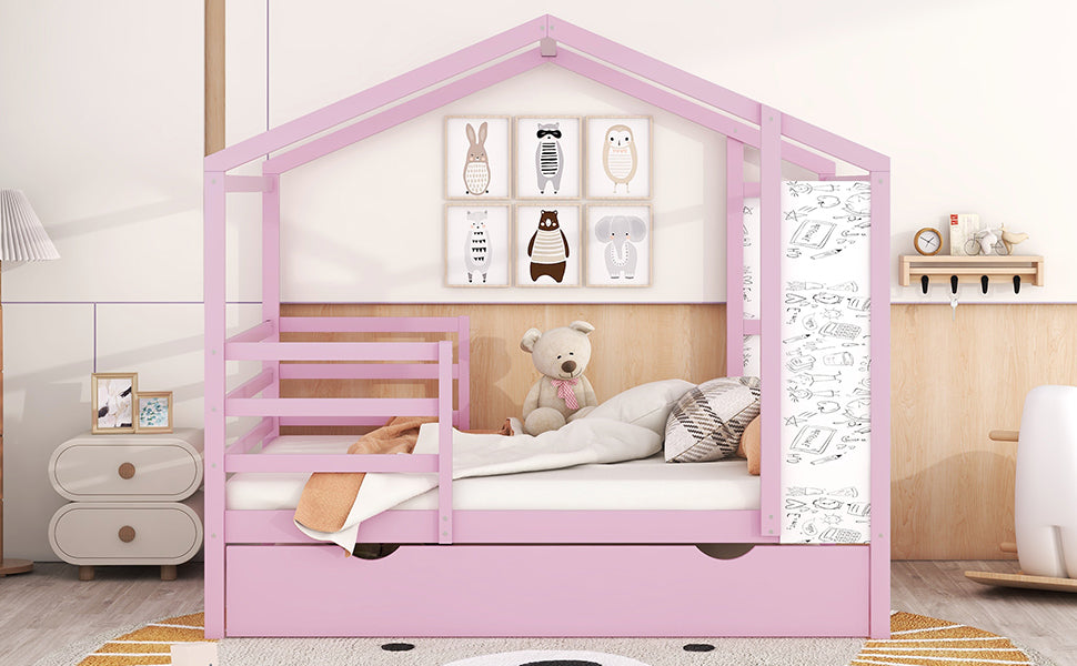 Full Size Wood House Bed with Fence and Writing Board, Pink - Atlantic Fine Furniture Melbourne FL