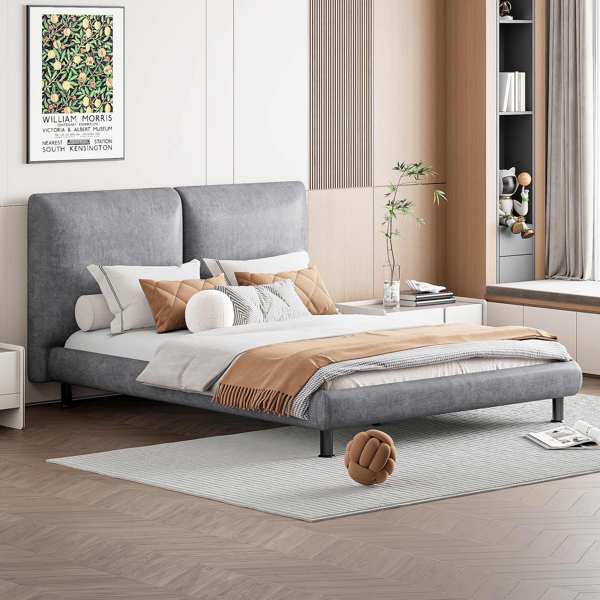 Queen Size Upholstered Platform Bed with Two Large Headrests and Thick Fabric, Polyester, Gray - Atlantic Fine Furniture Melbourne FL