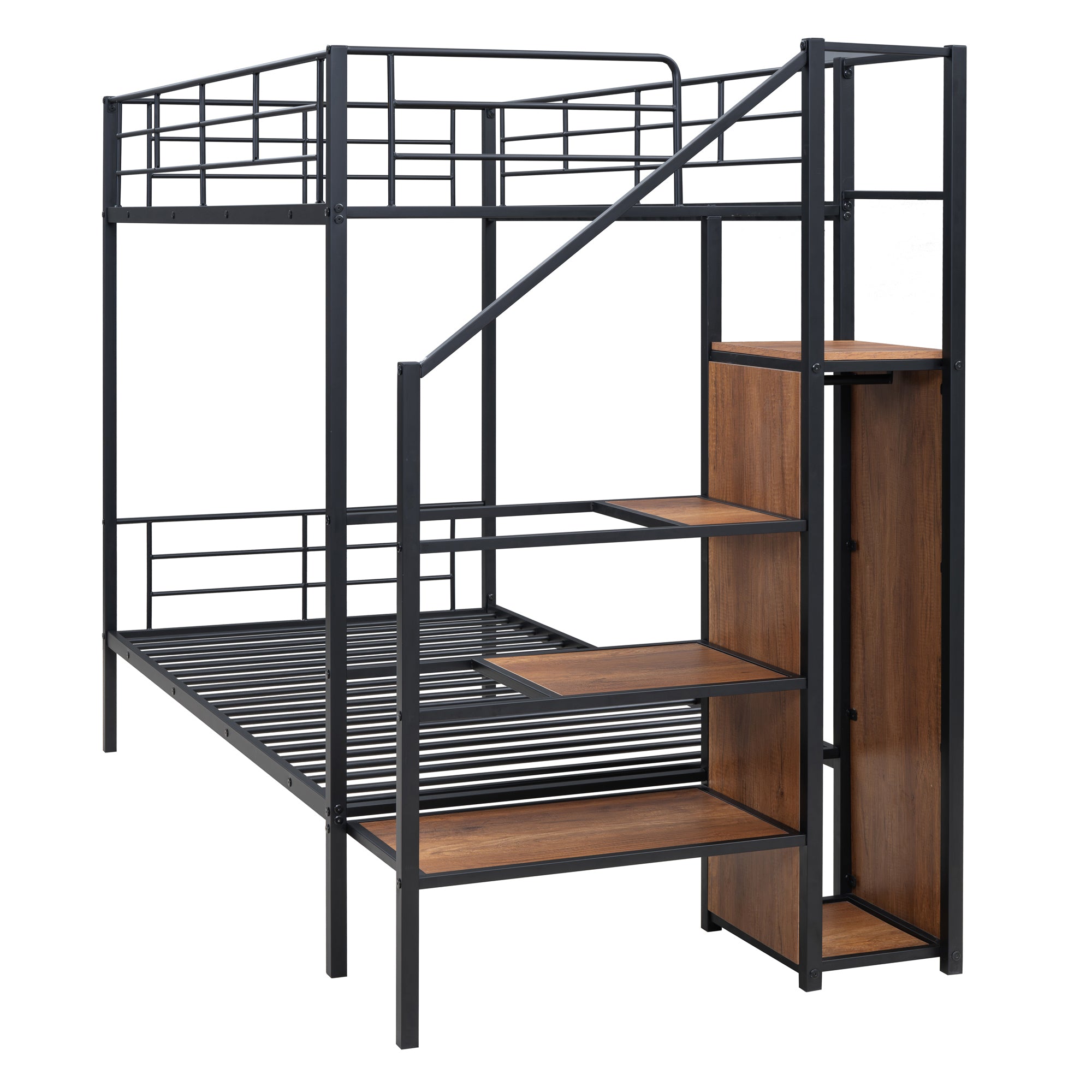 Twin Over Twin Metal Bunk Bed with Lateral Storage Ladder and Wardrobe, Black - Atlantic Fine Furniture Melbourne FL