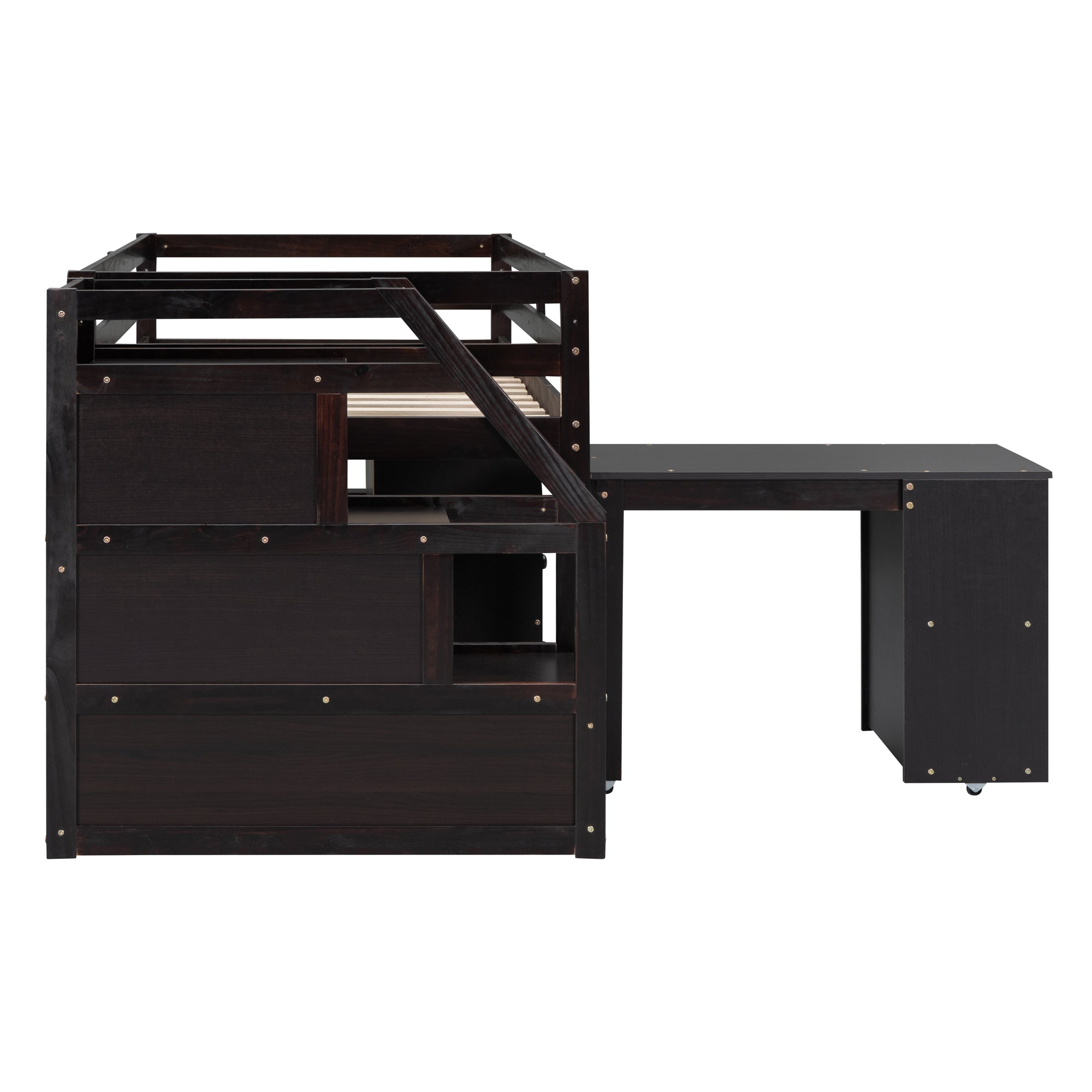 Twin Size Loft Bed with Retractable Writing Desk and 3 Drawers, Wooden Loft Bed with Storage Stairs and Shelves, Espresso - Atlantic Fine Furniture Melbourne FL