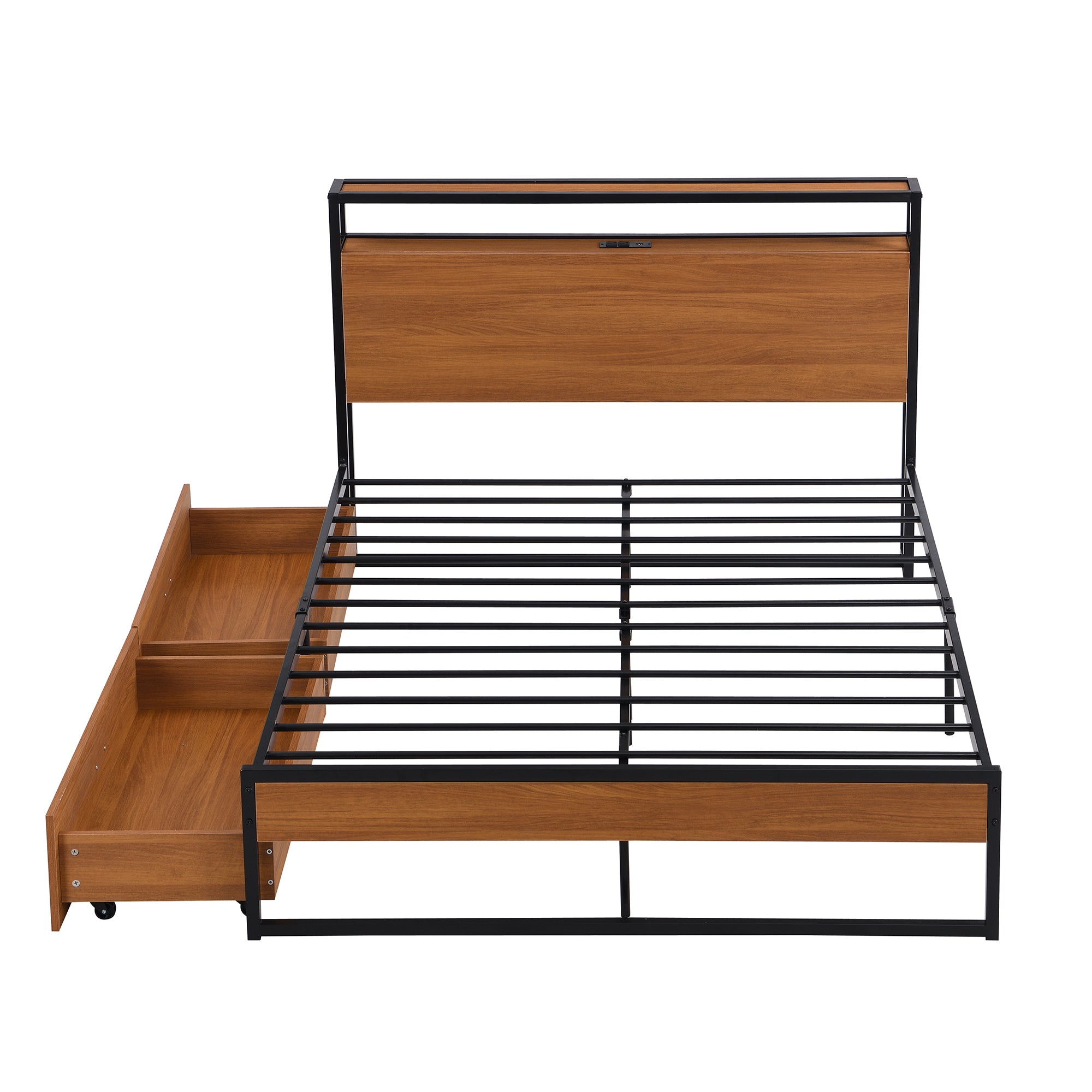 Full Size Metal Platform Bed Frame with Two Drawers,Sockets and USB Ports ,Slat Support No Box Spring Needed Black