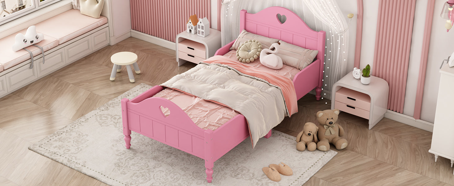 Girl's Love Princess Bed Macaron Twin Size Toddler Bed with Side Safety Rails and Headboard and Footboard , Light Pink