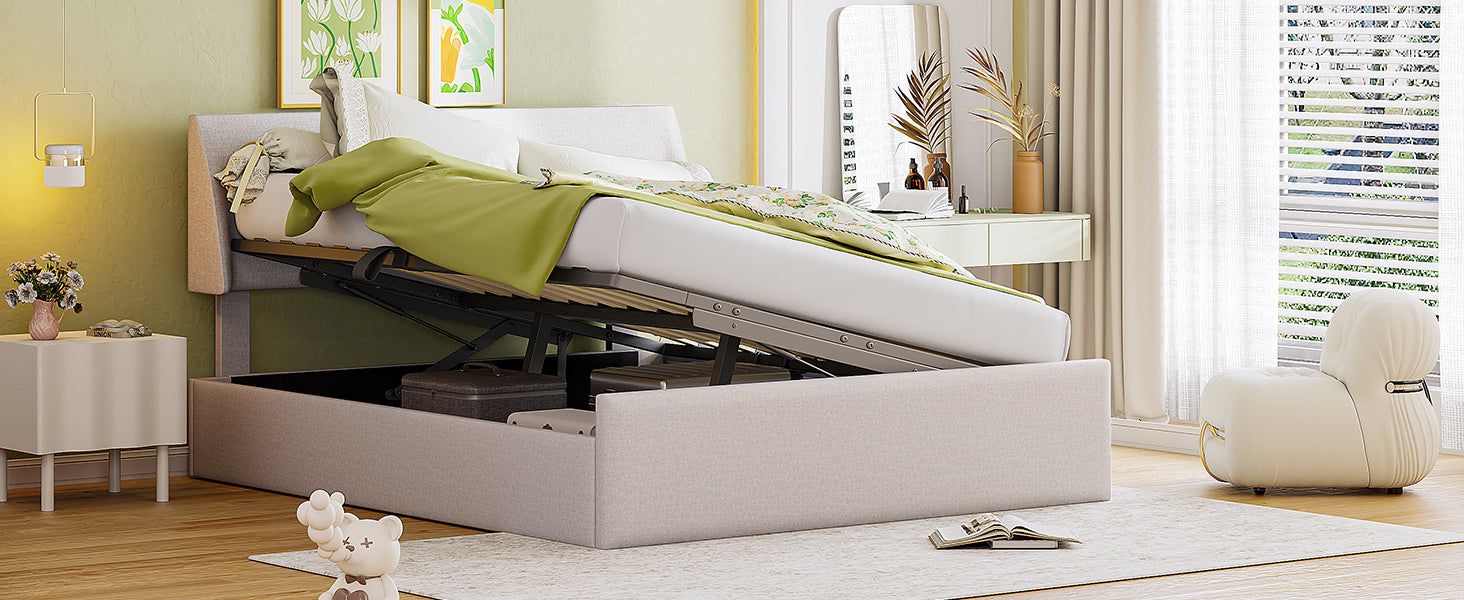 Full Size Sleigh Bed with Side-Tilt Hydraulic Storage System, Linen Upholstery, Beige - Atlantic Fine Furniture Melbourne FL