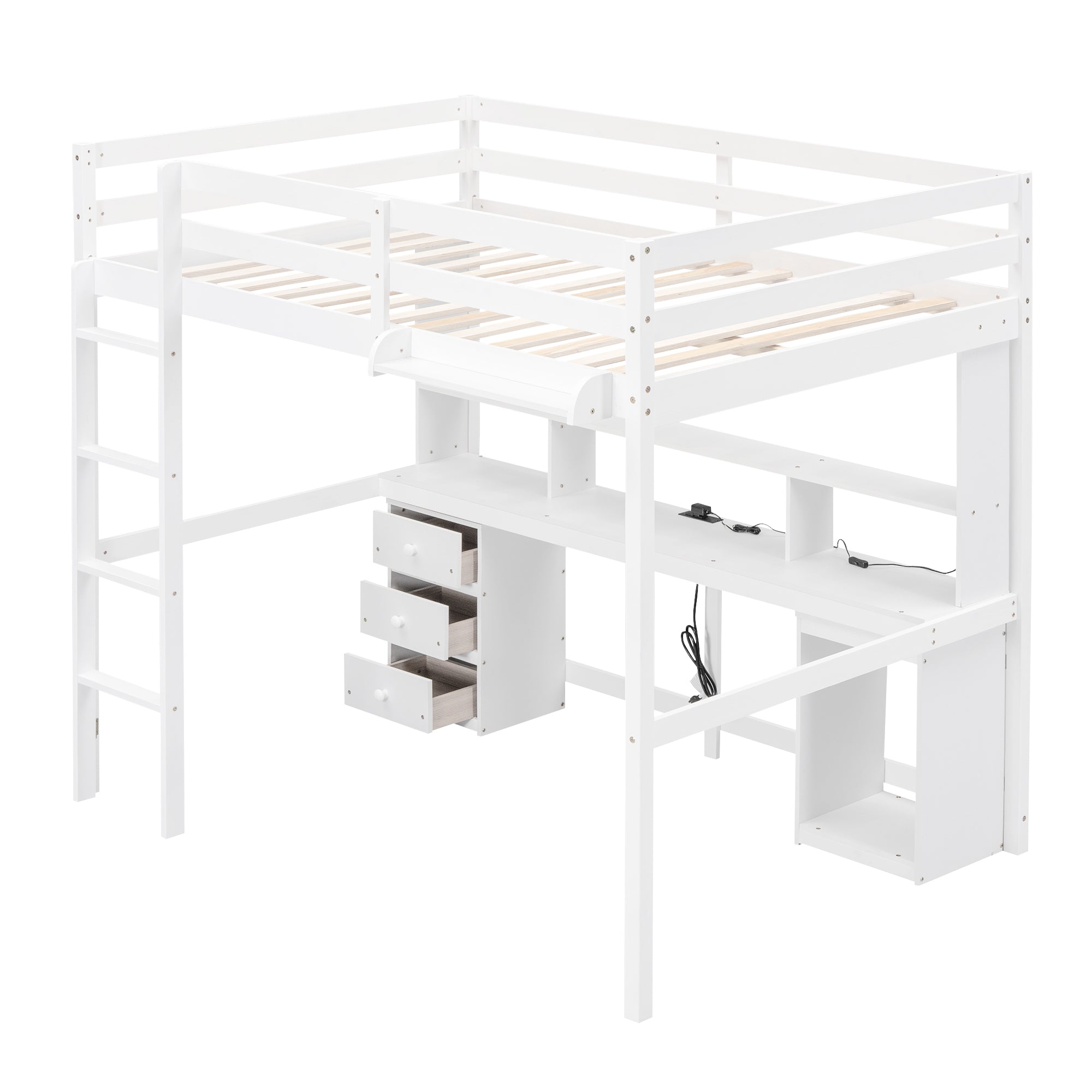 Full Size Loft Bed with Multi-storage Desk, LED light and Bedside Tray, Charging Station, White - Atlantic Fine Furniture Melbourne FL