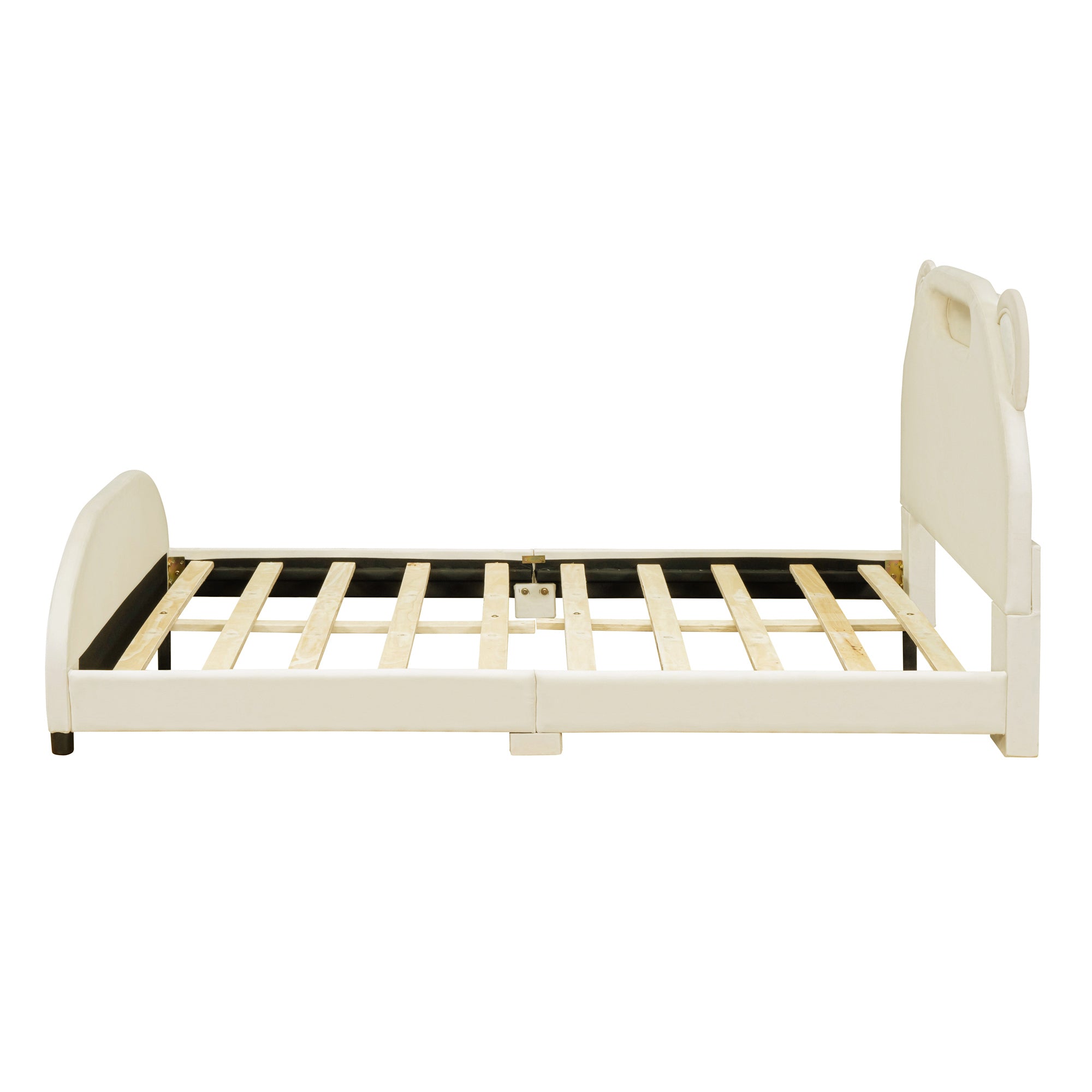 Full Size Upholstered Platform Bed with Bear-Shaped Headboard and Embedded Light Stripe, Velvet, Beige - Atlantic Fine Furniture Melbourne FL