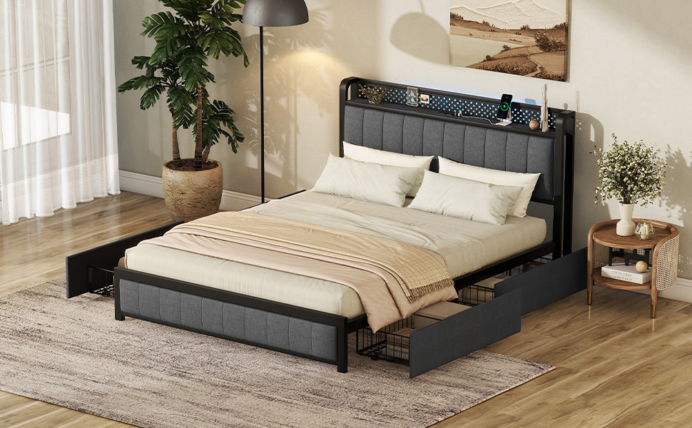 Queen Bed Frame with LED Headboard, Upholstered Bed with 4 Storage Drawers and USB Ports, Dark Grey - Atlantic Fine Furniture Melbourne FL