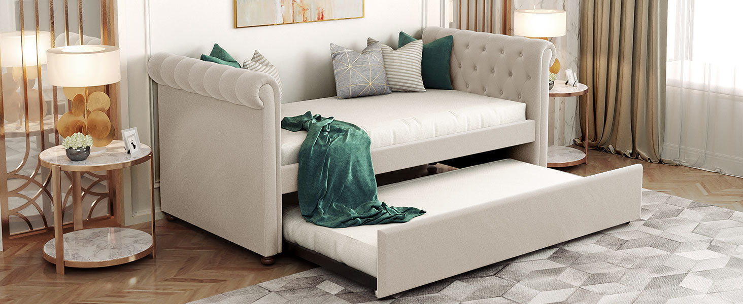 Twin Size Upholstered daybed with Trundle, Wood Slat Support, Beige(OLD SKU :LP000116AAA) - Atlantic Fine Furniture Melbourne FL