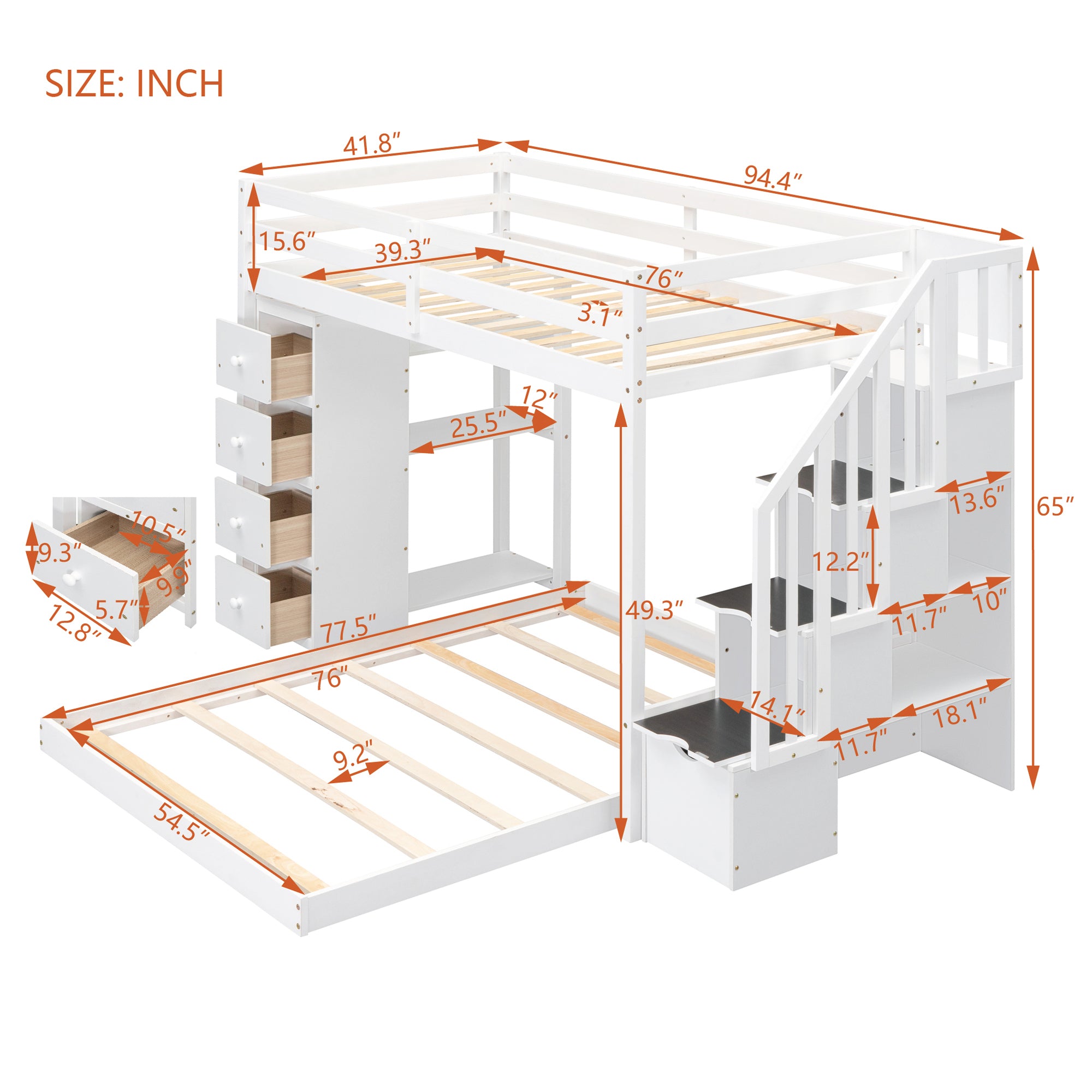 Twin Over Full Bunk Bed with 3-layer Shelves, Drawers and Storage Stairs, White - Atlantic Fine Furniture Melbourne FL