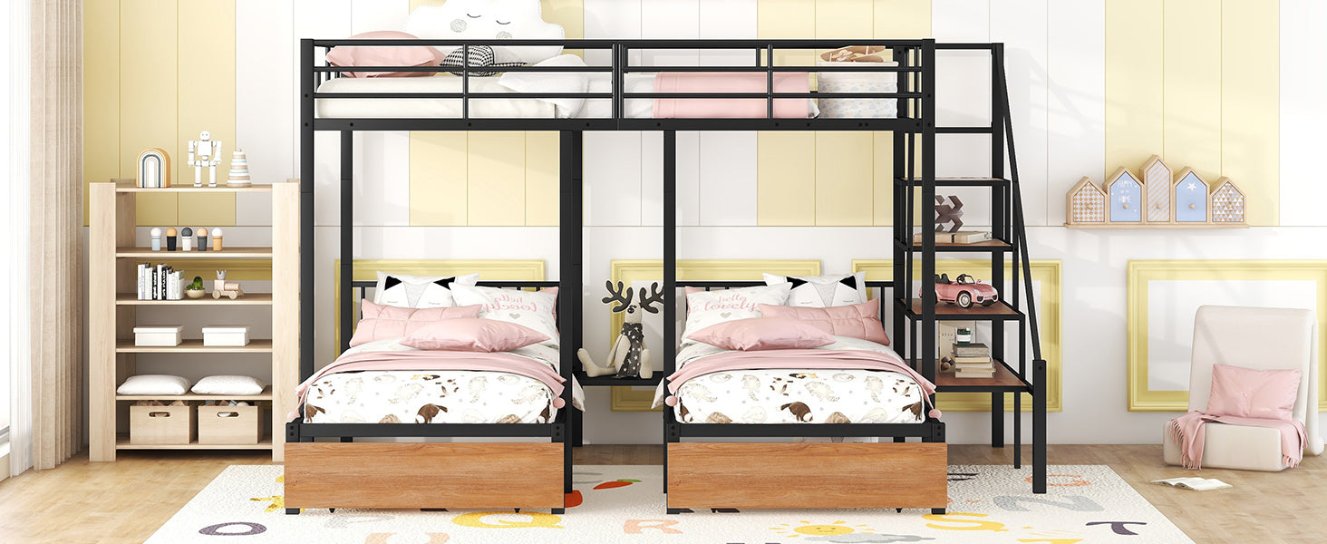 Full over Twin-Twin Triple bunk bed with drawers and staircase, Black - Atlantic Fine Furniture Melbourne FL