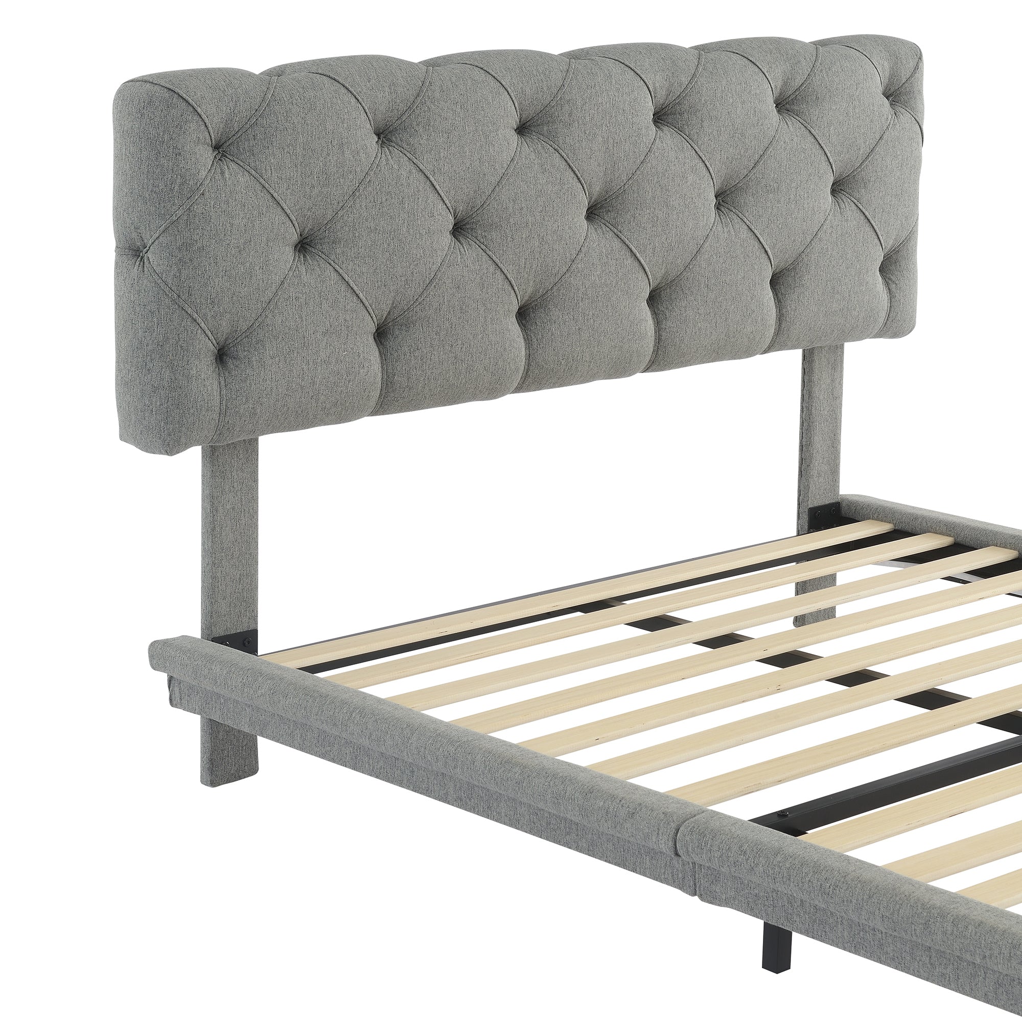 Full Size Upholstered Bed with Light Stripe, Floating Platform Bed, Linen Fabric,Gray - Atlantic Fine Furniture Melbourne FL