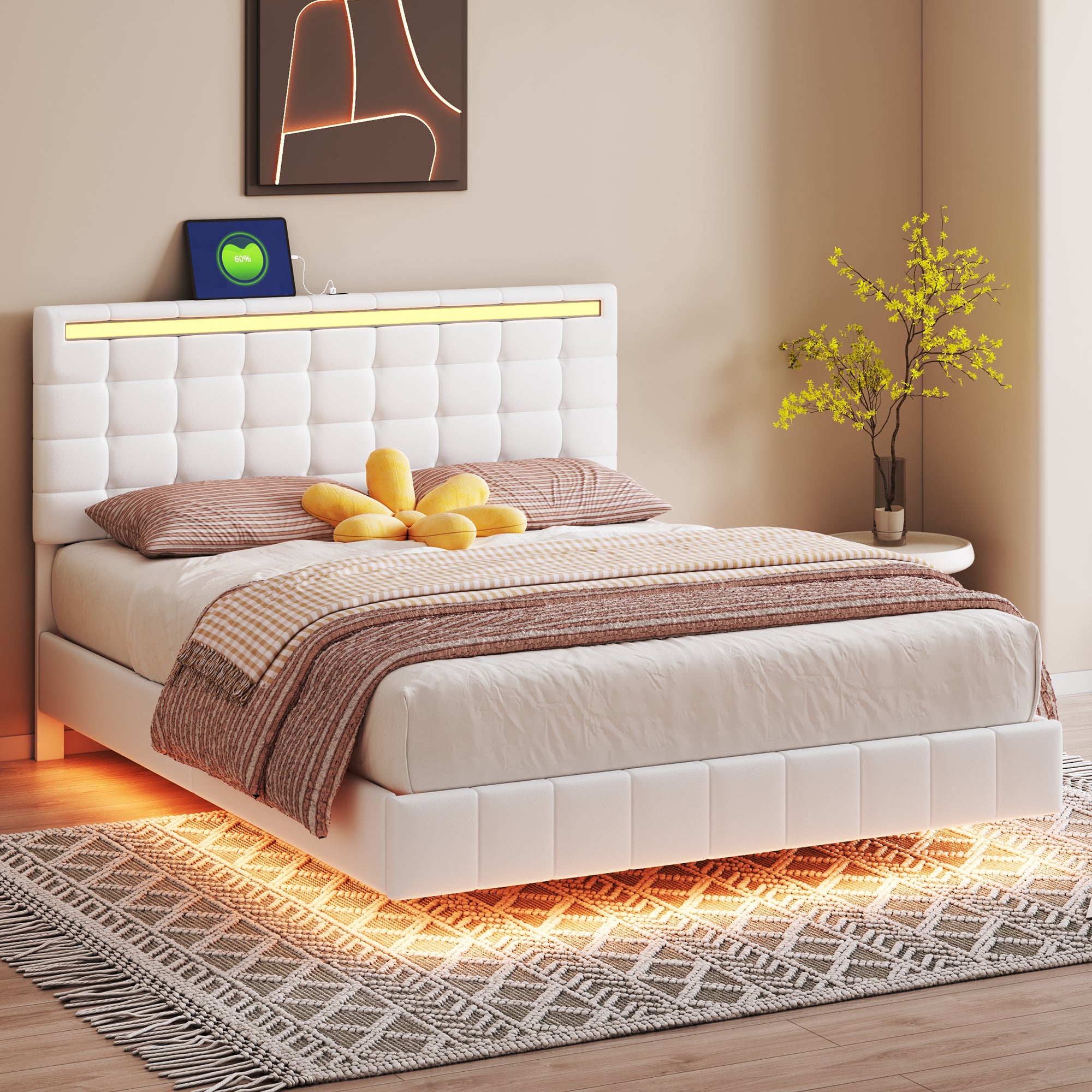 Queen Size Floating Bed Frame with LED Lights and USB Charging,Modern Upholstered Platform LED Bed Frame,White - Atlantic Fine Furniture Melbourne FL
