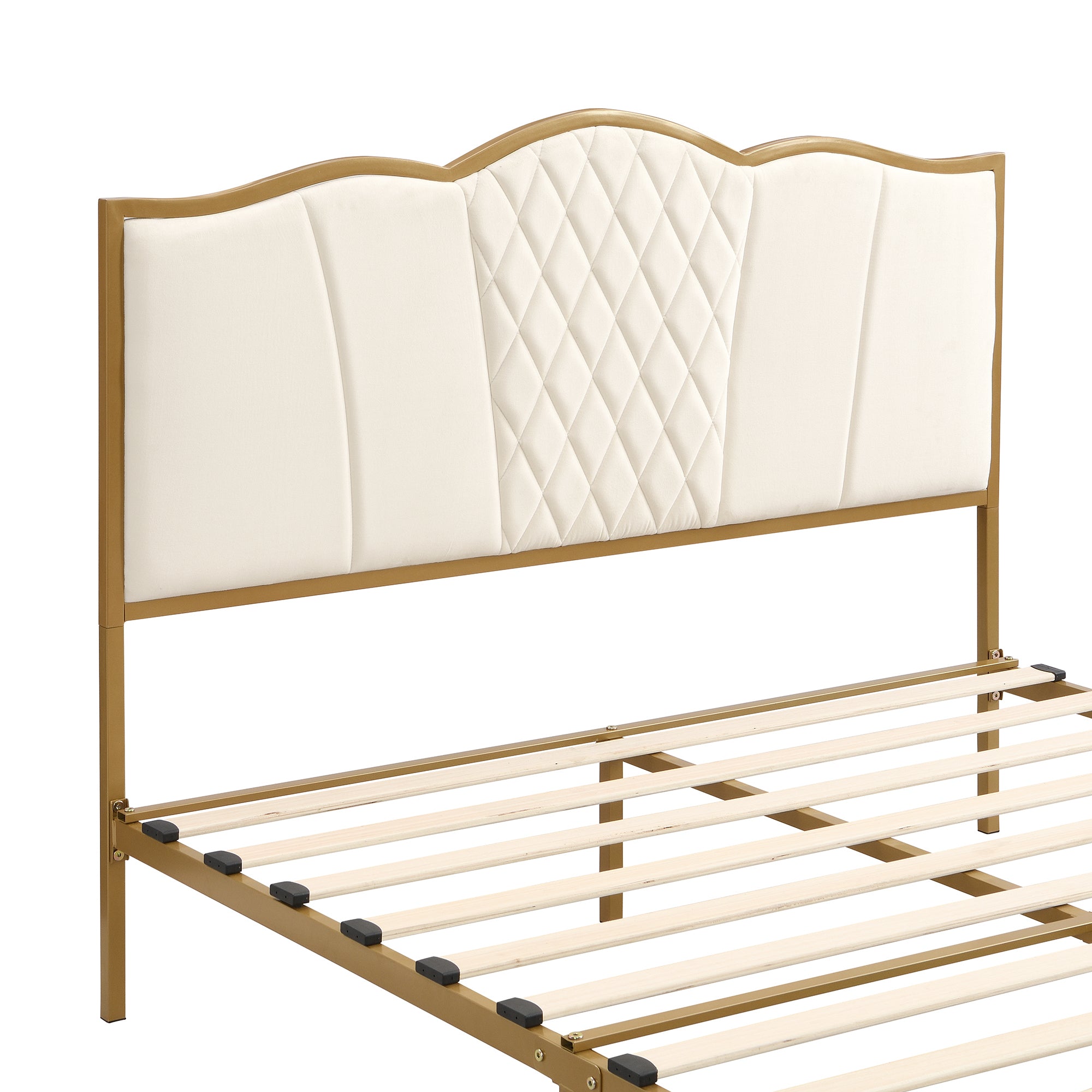 Queen Size Bed Frame, Modern Upholstered Bed Frame with Tufted Headboard, Golden Metal Platform Bed Frame with Wood Slat Support, Noise Free, No Box Spring Needed,Beige - Atlantic Fine Furniture Melbourne FL