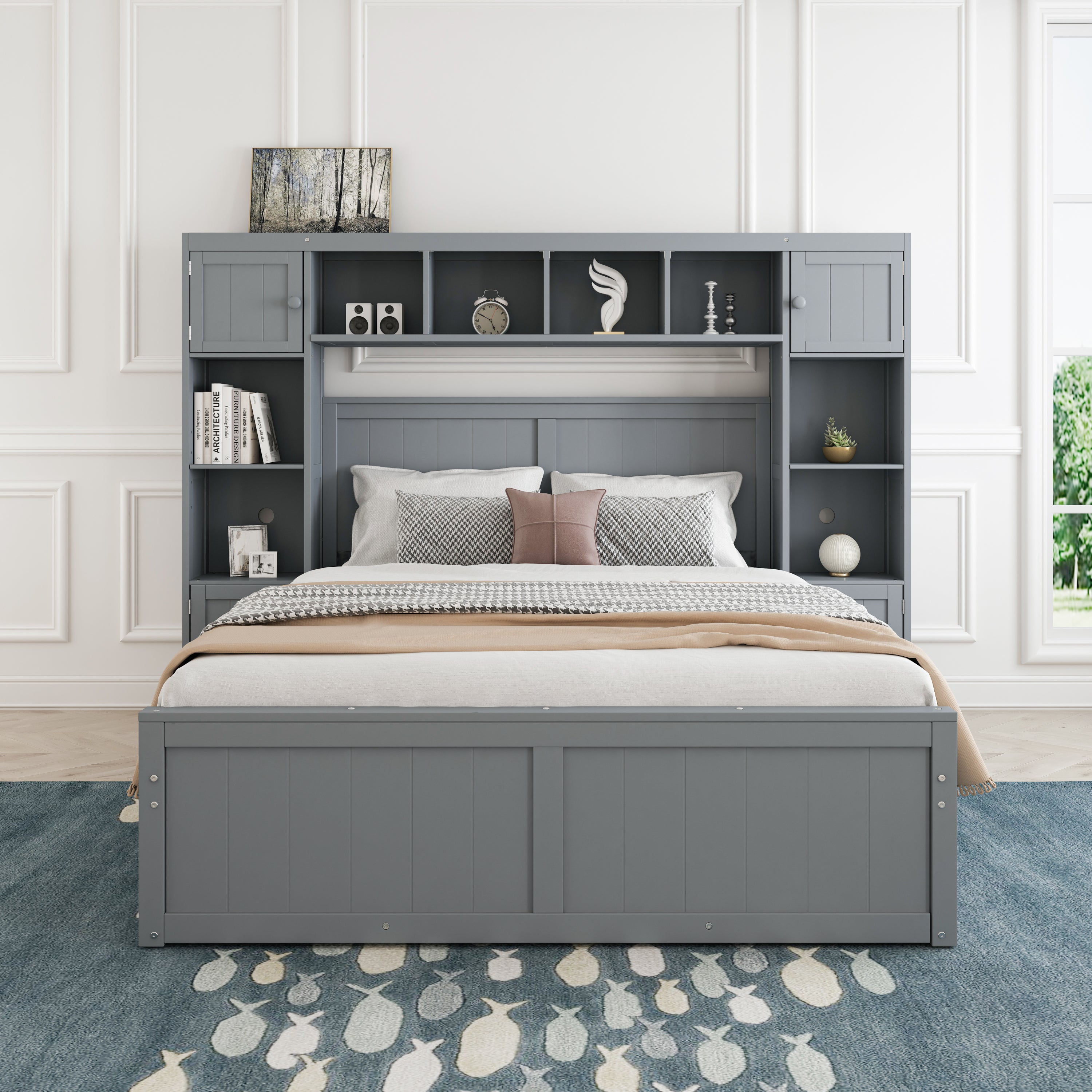 Elegant and Functional Full Size Wood Bed with 4 Drawers and All-in-One Cabinet and Shelf, Grey