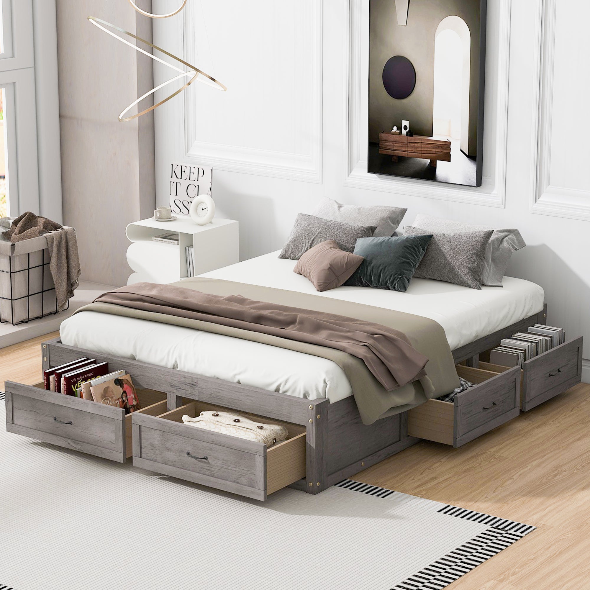 Queen Size Platform Bed with 6 Storage Drawers,Antique Gray - Atlantic Fine Furniture Melbourne FL