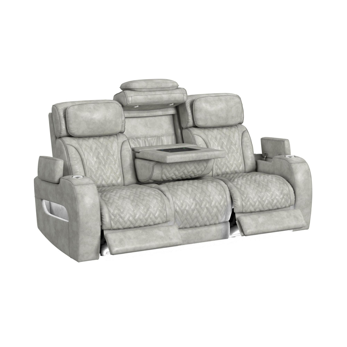 Prime Time P3 Sofa With Ddt, 3.0 Table, 7 Colors (Led And Cup Holders), Reading Light, Vibration, Speaker, And Heat Massage in Leather Gel Light Gray by Elements International, view 22