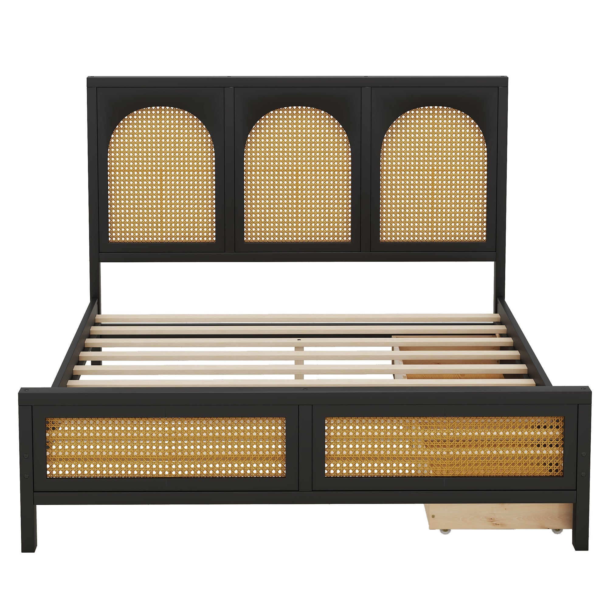 Full Size Wood Storage Platform Bed with 2 Drawers, Rattan Headboard and Footboard, Black - Atlantic Fine Furniture Melbourne FL