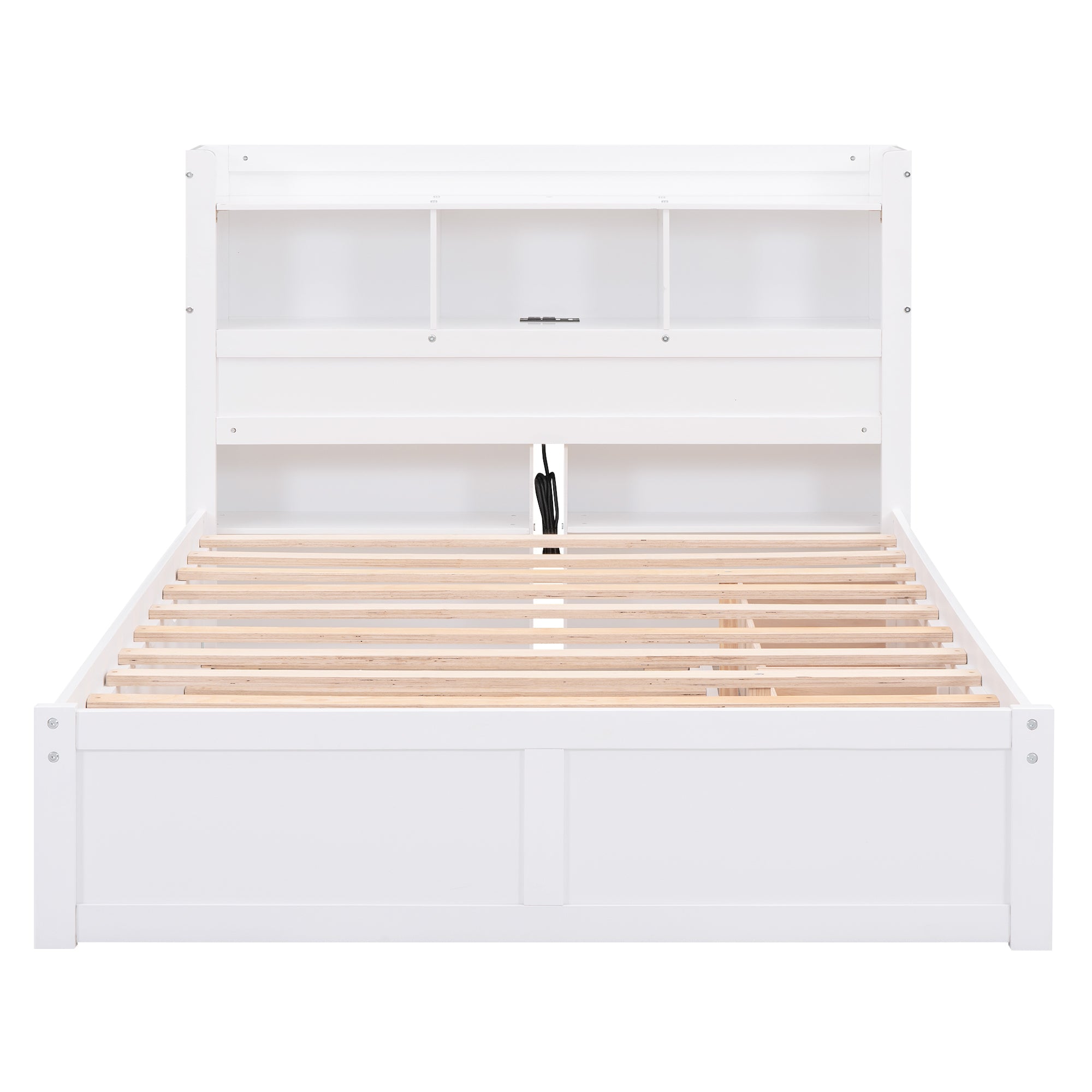 Full Size Storage Platform Bed with Pull Out Shelves, Twin Size Trundle and 2 Drawers, White - Atlantic Fine Furniture Melbourne FL